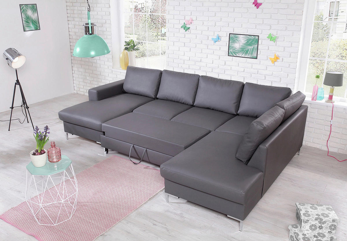 WOHNLANDSCHAFT Grau Lederlook  - Silberfarben/Schwarz, Design, Leder/Metall (148/303/197cm) - MID.YOU
