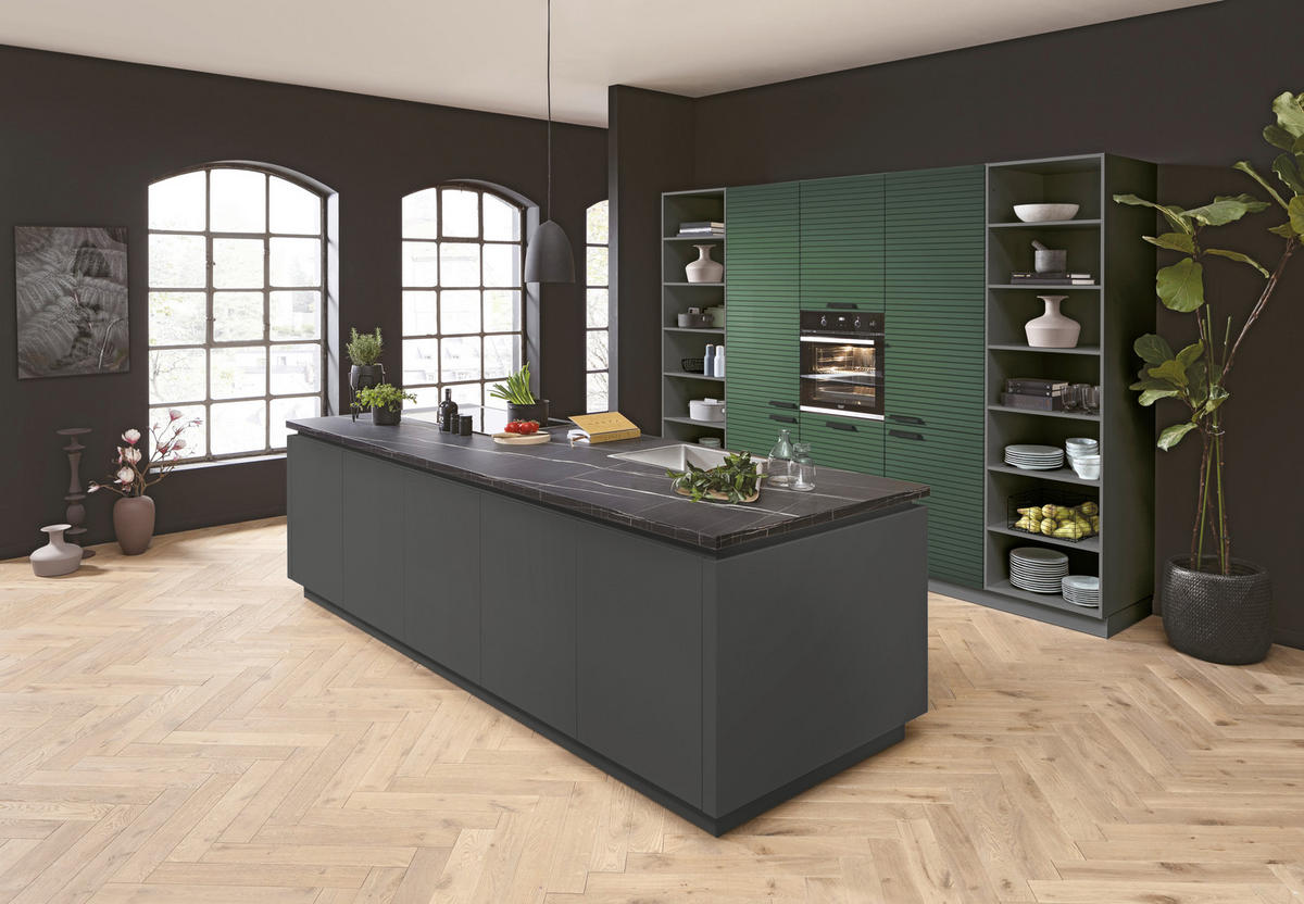 EINBAUKÜCHE Nicol  - Dunkelgrün/Schwarz, Design, Holzwerkstoff - Novel