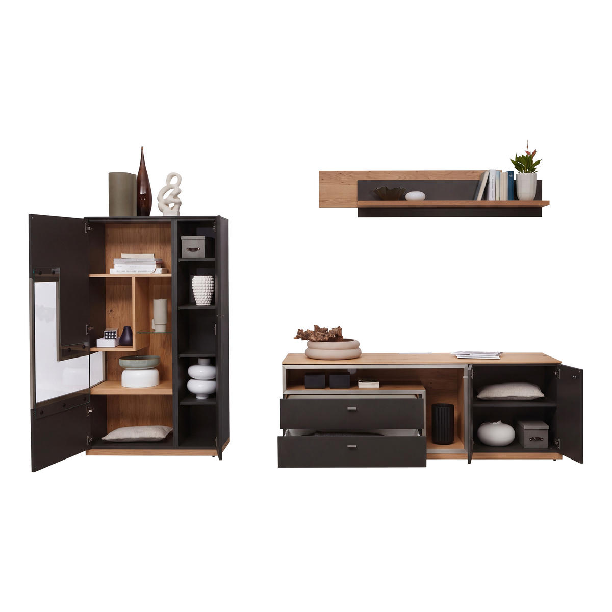 WOHNWAND 3-teilig  in Grau, Eichefarben  290/161/52 cm    - Schieferfarben/Eichefarben, Design, Glas/Holz (290/161/52cm) - Dieter Knoll