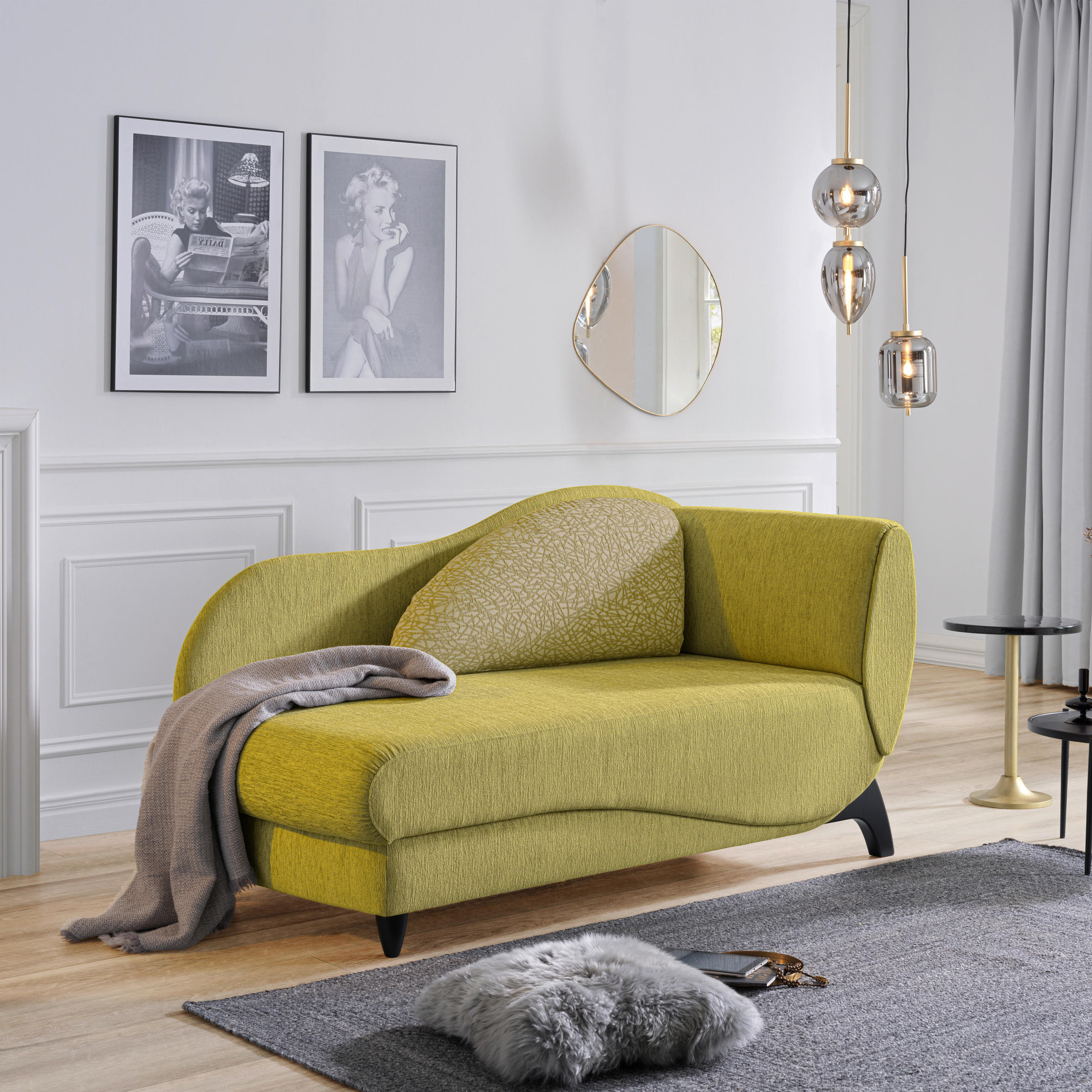 RÉCAMIERE in Webstoff Hellgrün  - Schwarz/Hellgrün, Modern, Holz/Textil (171-190/87/84cm) - Joka