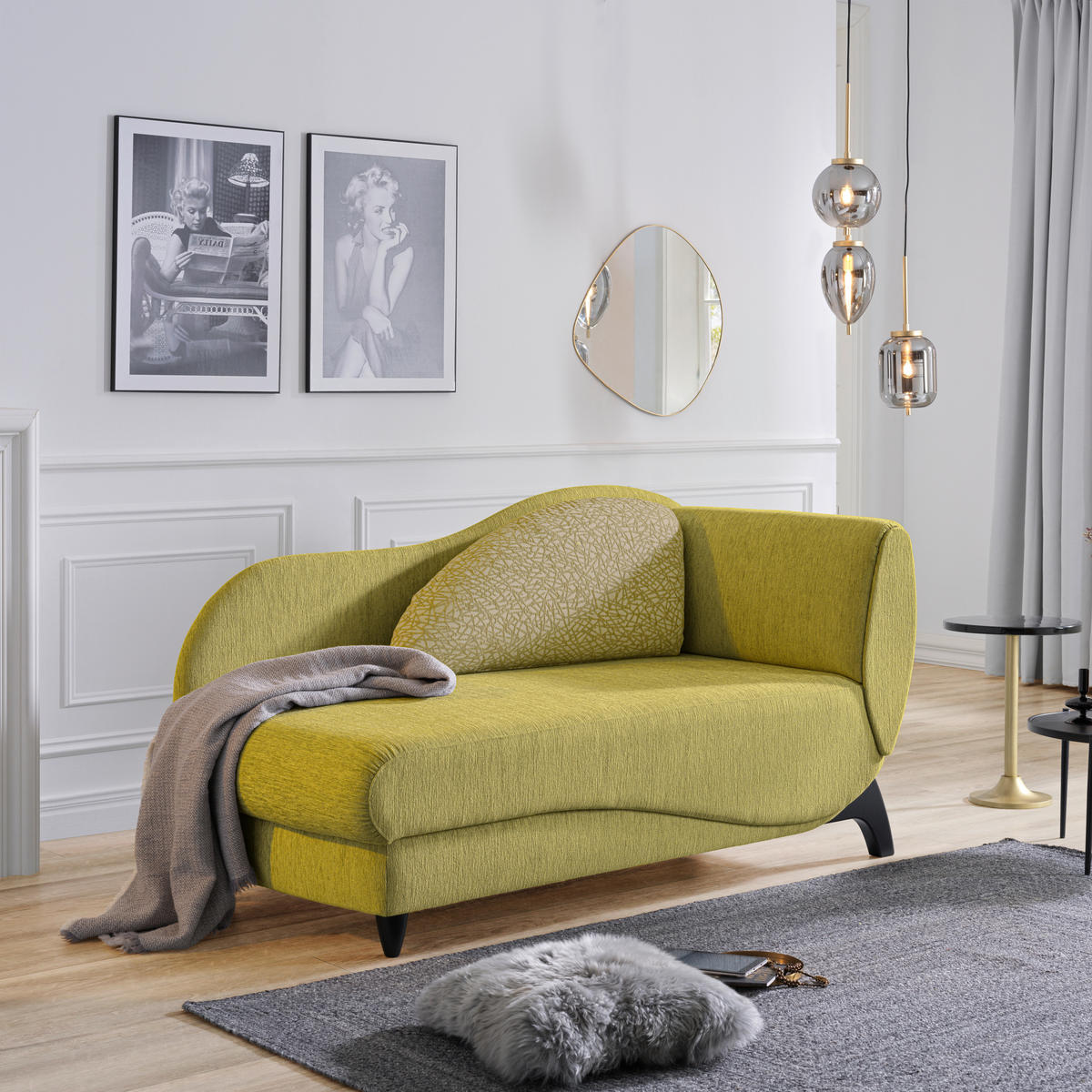 RÉCAMIERE in Webstoff Hellgrün  - Schwarz/Hellgrün, Modern, Holz/Textil (171-190/87/84cm) - Joka