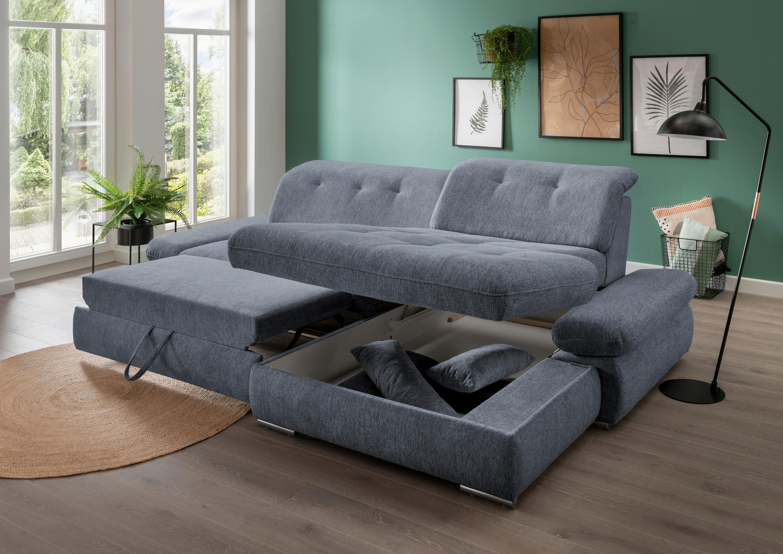 ECKSOFA in Chenille Hellblau  - Chromfarben/Hellblau, Design, Textil/Metall (300/196cm) - Livetastic