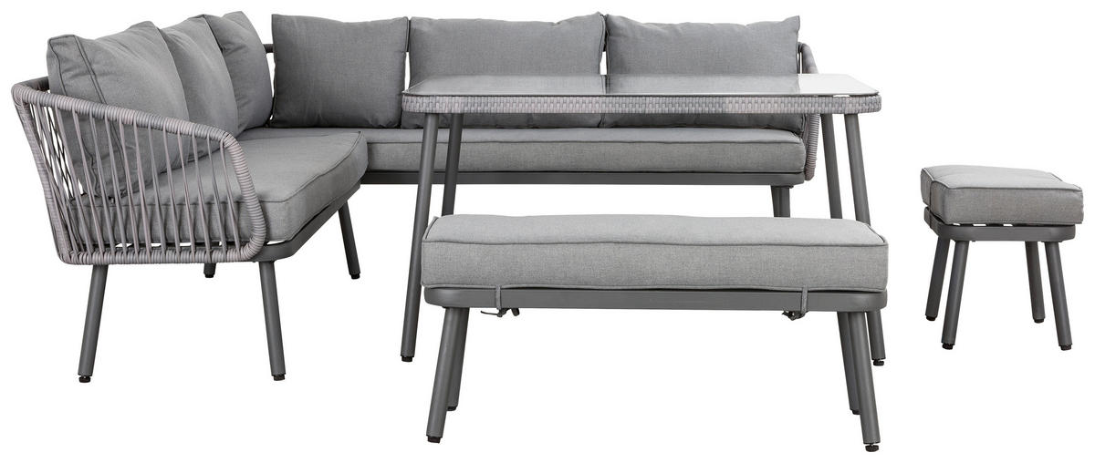 DINING-LOUNGESET 5-teilig  - Grau, MODERN, Glas/Kunststoff (224/220cm) - Ambia Garden