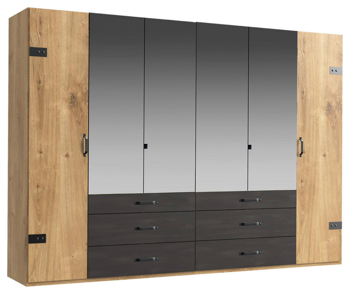 ŠATNÍ SKŘÍŇ SE ZRCADLEM, barvy grafitu, barvy dubu, 300/216/58 cm - barvy dubu/barvy grafitu, Basics, kov/kompozitní dřevo (300/216/58cm) - MID.YOU