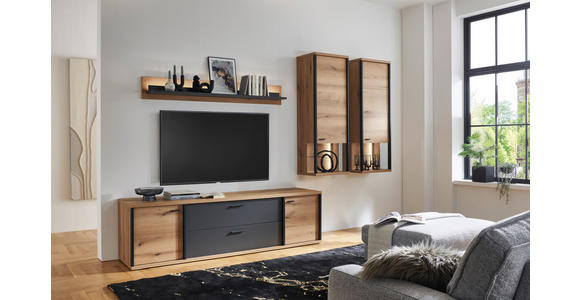 WOHNWAND  in Schwarz, Eichefarben, Dunkelgrau  315/209/50 cm  - Eichefarben/Dunkelgrau, KONVENTIONELL, Glas/Holzwerkstoff (315/209/50cm) - Xora