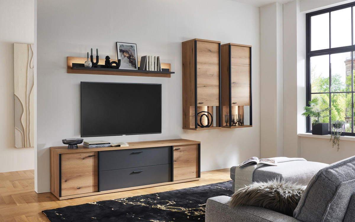 WOHNWAND  in Schwarz, Eichefarben, Dunkelgrau  315/209/50 cm  - Eichefarben/Dunkelgrau, KONVENTIONELL, Glas/Holzwerkstoff (315/209/50cm) - Xora