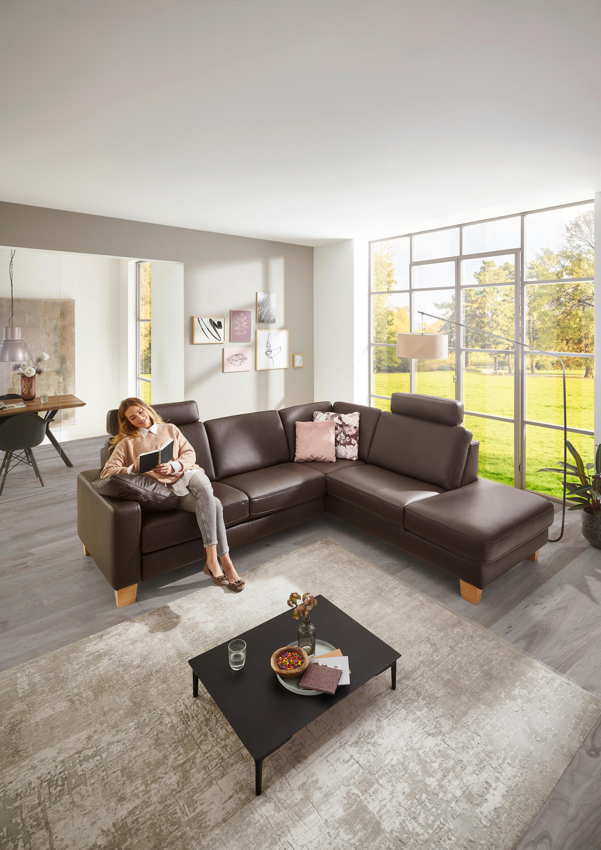 ECKSOFA Echtleder Dunkelbraun  - Eiche Bianco/Dunkelbraun, Natur, Leder/Holz (257/235cm) - Valdera