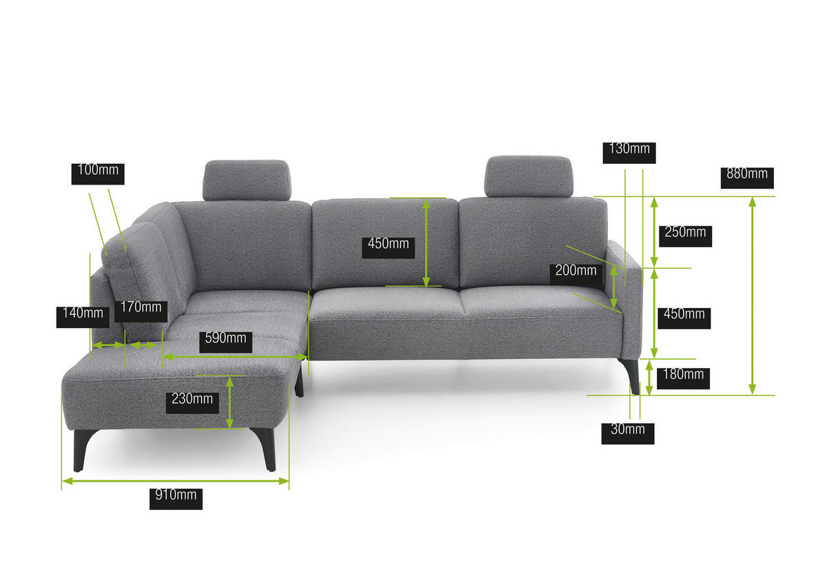 ECKSOFA Grau Flachgewebe  - Schwarz/Grau, KONVENTIONELL, Textil/Metall (218/255cm) - Elegando