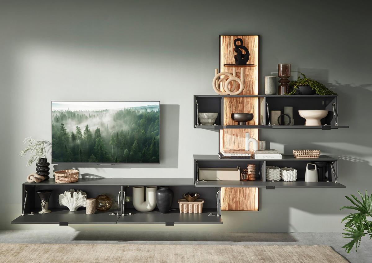 WOHNWAND 4-teilig  in Graphitfarben, Wildeiche 334,5/217,4/37,1 cm  - Wildeiche/Schwarz, Design, Glas/Holz (334,5/217,4/37,1cm) - Dieter Knoll
