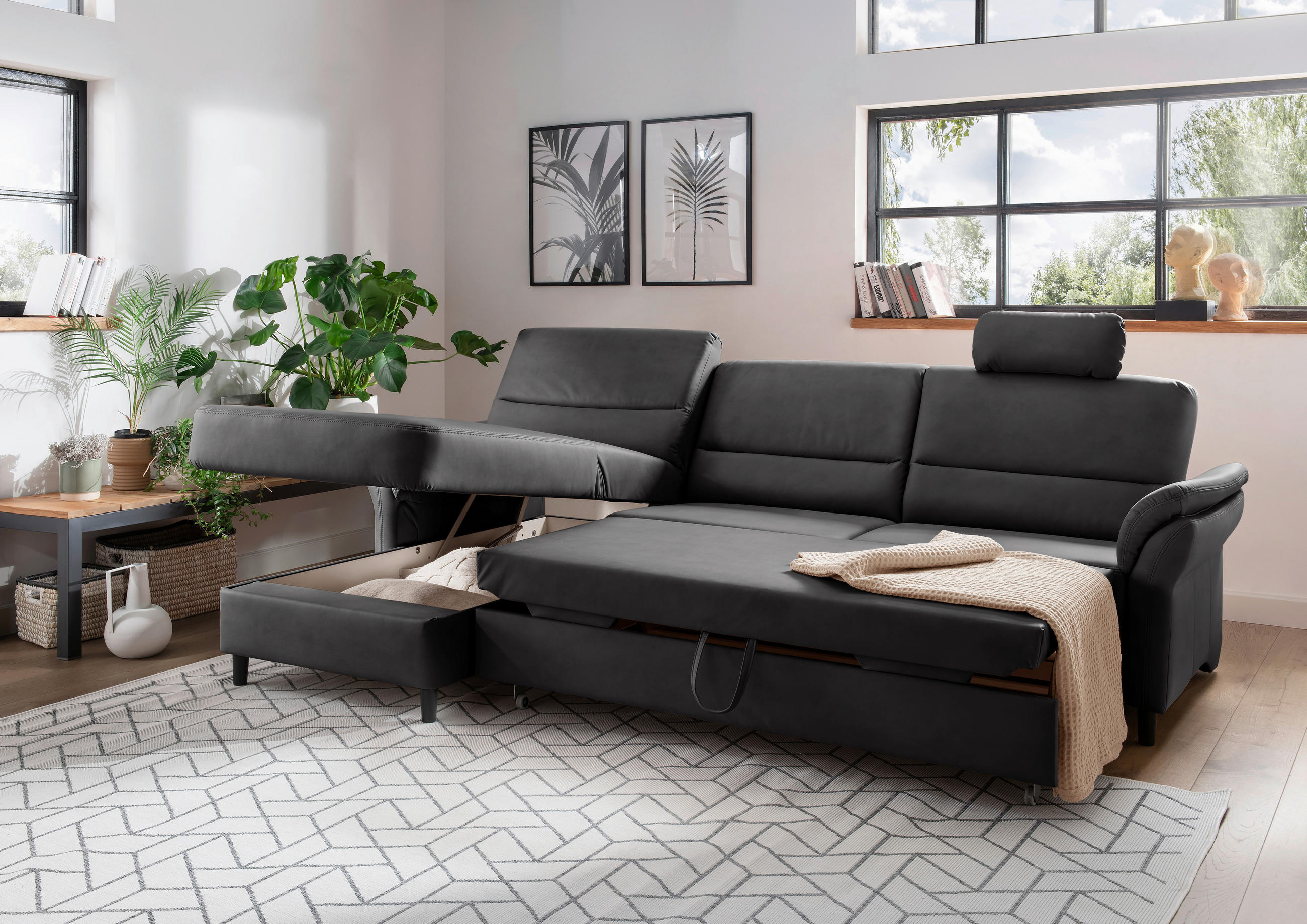 ECKSOFA Schwarz Lederlook  - Schwarz, MODERN, Holz/Textil (176/279cm) - Livetastic