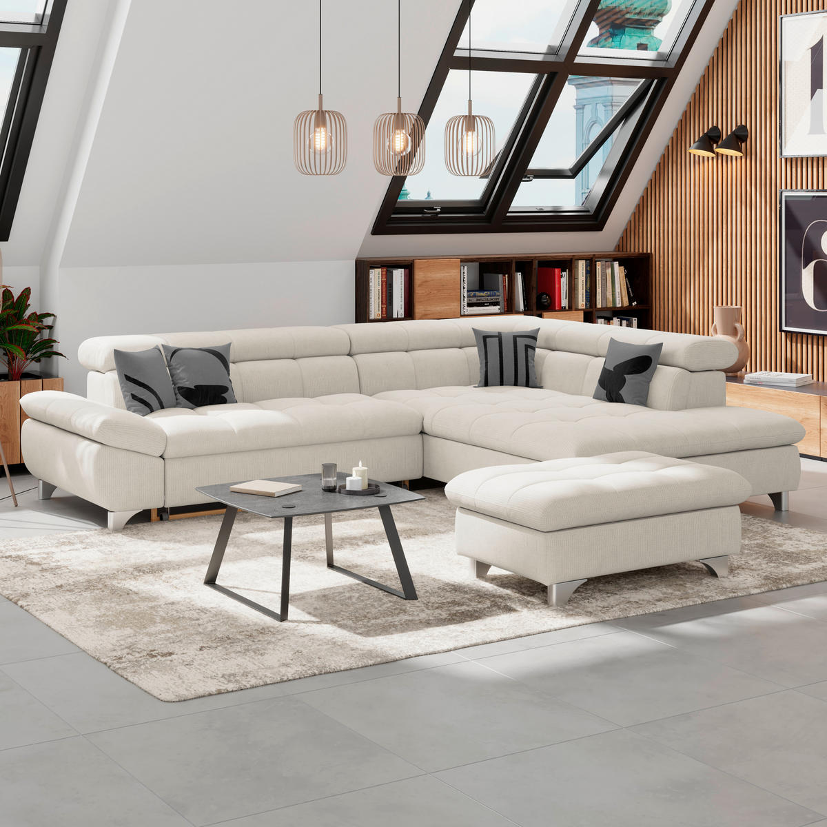 ECKSOFA Beige Chenille  - Chromfarben/Beige, KONVENTIONELL, Textil/Metall (312/234cm) - Livetastic