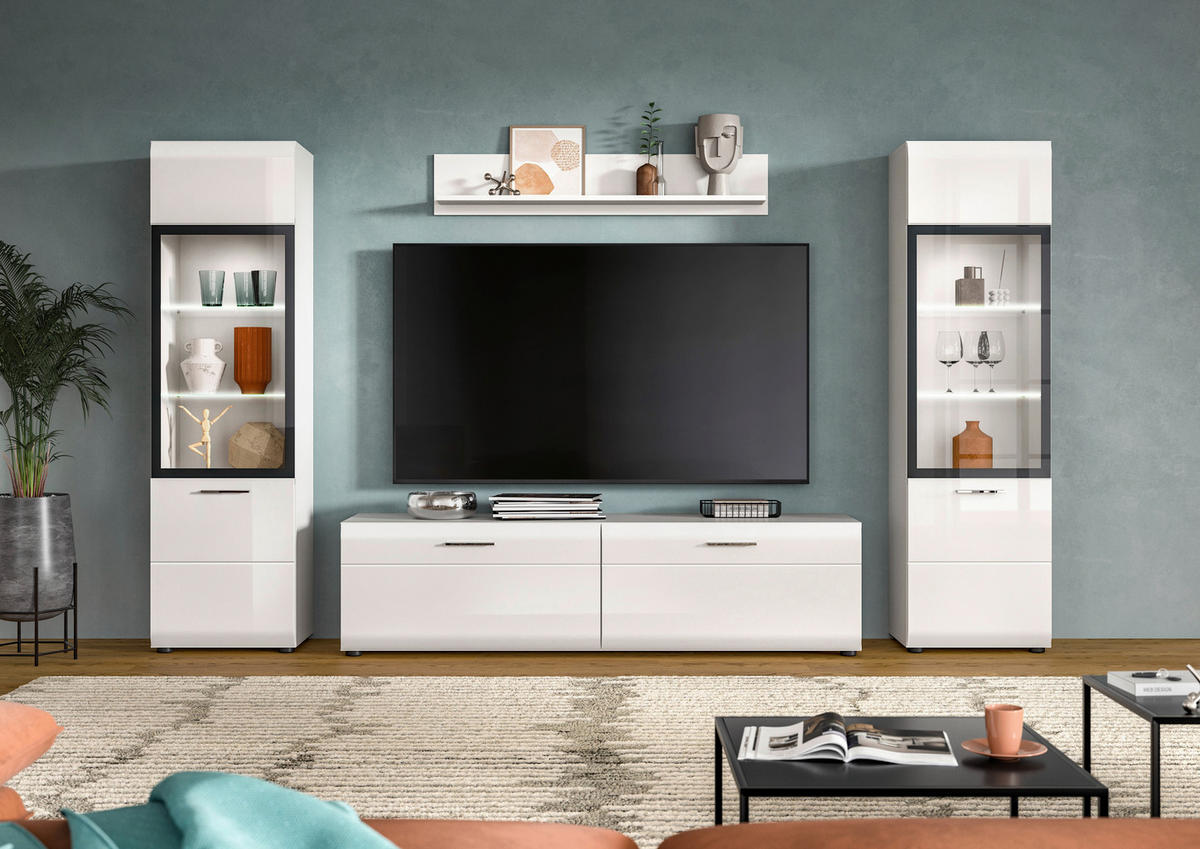 WOHNWAND 4-teilig  in Weiß, Weiß Hochglanz  280/160/41 cm  - Weiß Hochglanz/Silberfarben, Design, Glas/Holzwerkstoff (280/160/41cm) - Livetastic