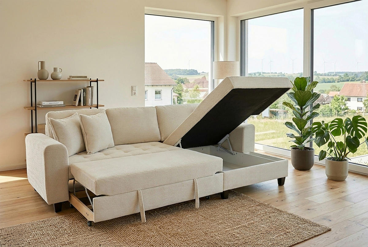 ECKSOFA MORITZ Creme Cord Zierkissen, Bettkasten  - Creme, Trend, Textil (265/155cm) - P & B
