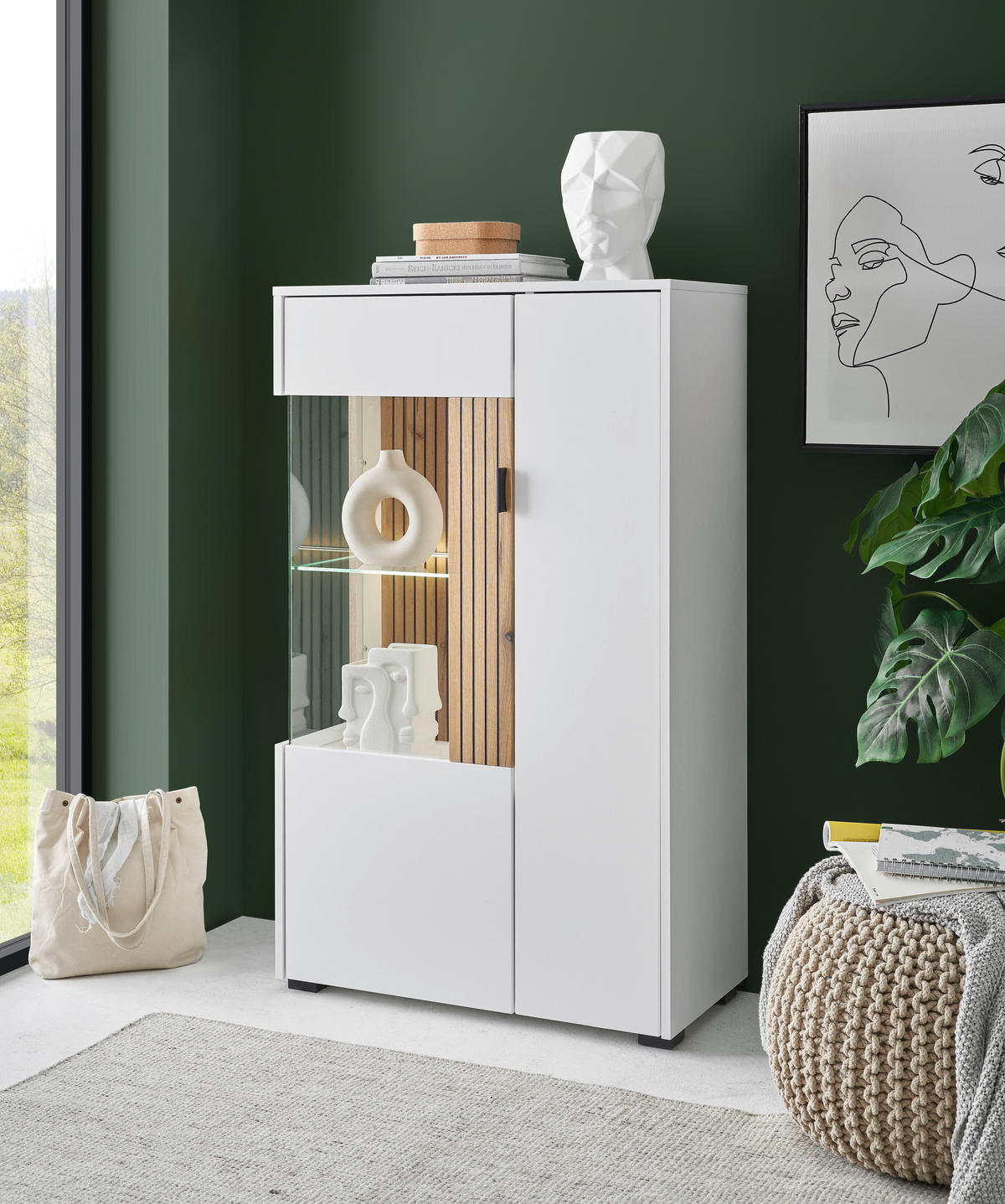 VITRINE in Eichefarben, Weiß  - Eichefarben/Schwarz, Design, Glas/Holzwerkstoff (75cm) - MID.YOU