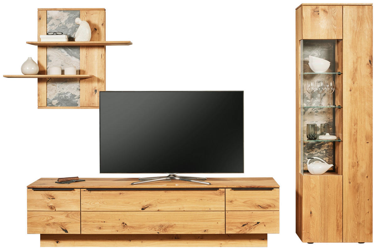 WOHNWAND  in Eichefarben  320/205,7/53,7 cm  - Eichefarben/Schwarz, Natur, Glas/Holz (320/205,7/53,7cm) - Valnatura