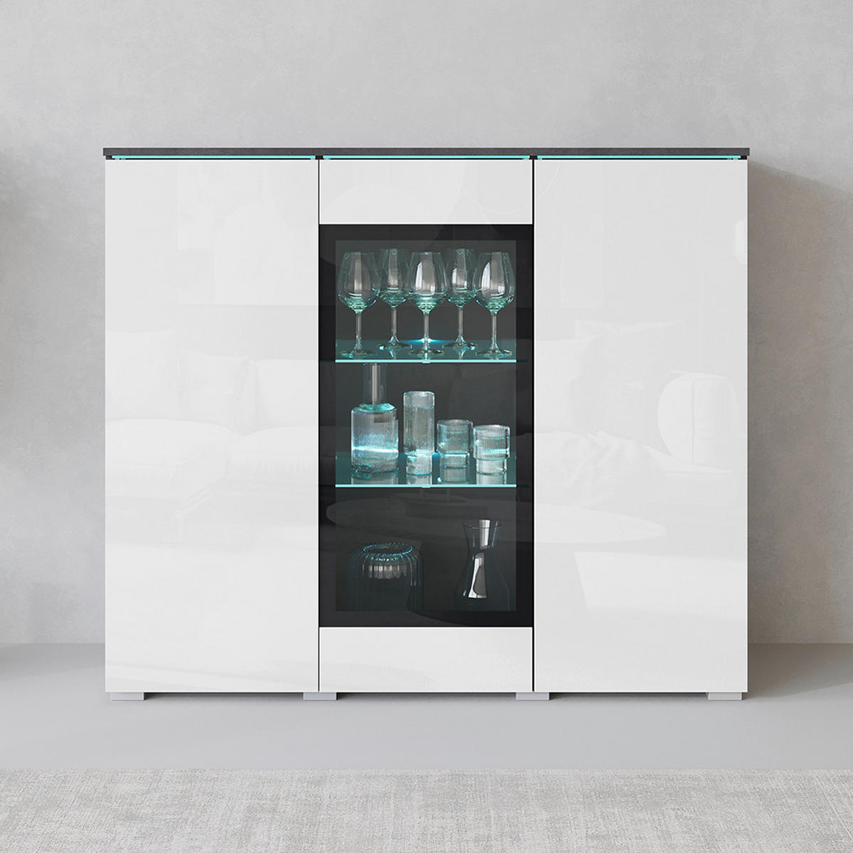 HIGHBOARD Vera  in 120/103,3/39,5 cm  - Weiss Hochglanz/Anthrazit, Trend, Glas/Holzwerkstoff (120/103,3/39,5cm) - P & B