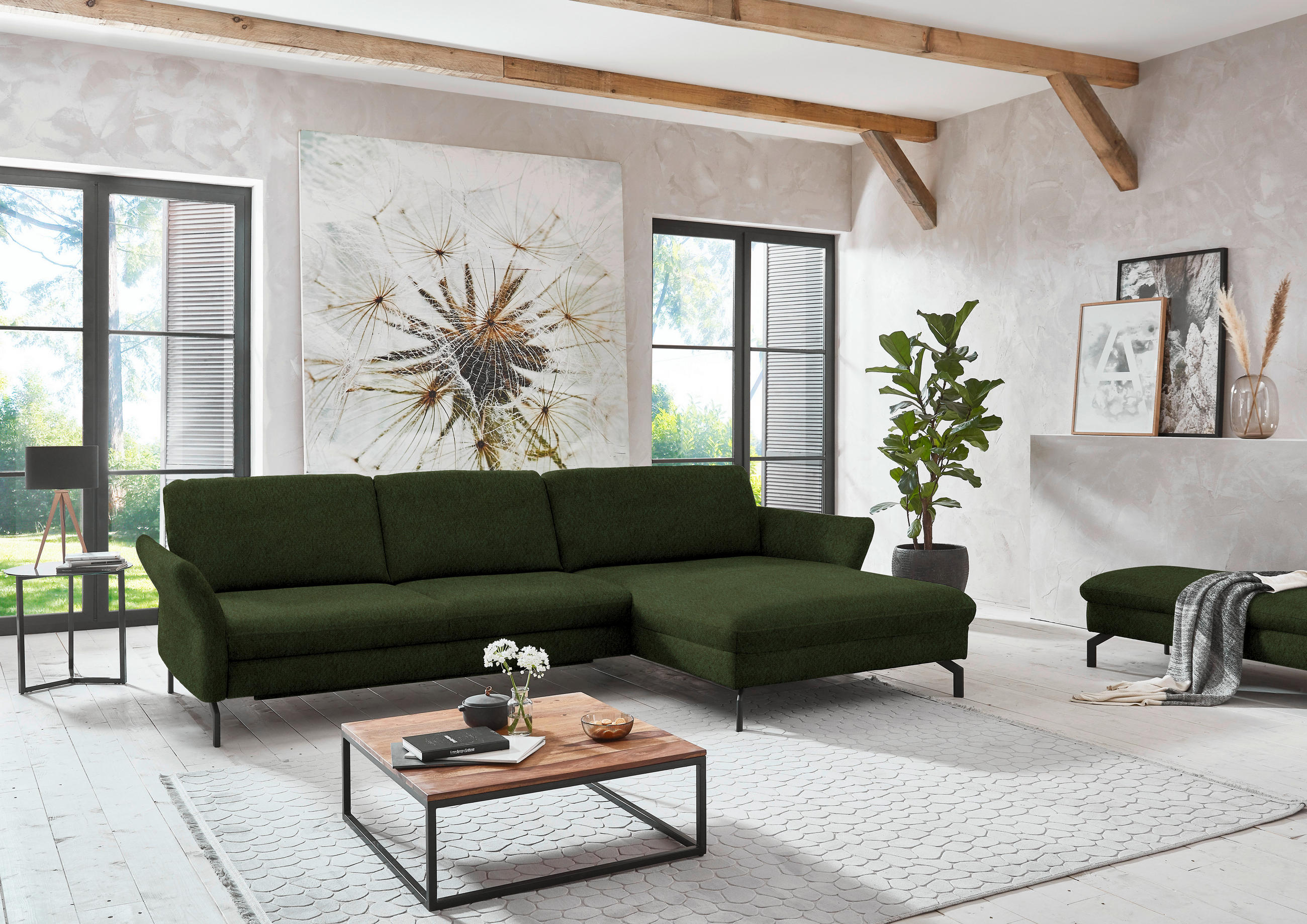 ECKSOFA in Velours Waldgrün  - Waldgrün/Schwarz, Design, Textil/Metall (306/179cm) - Beldomo System