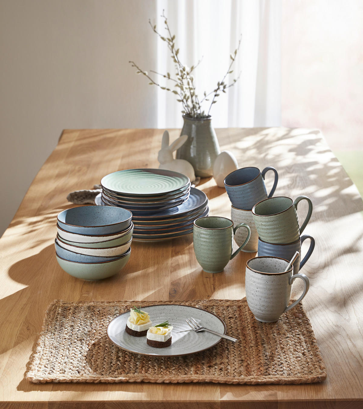 KOMBISERVICE Blau, Grün, Beige Farmhouse 24-teilig 6 Personen  - Blau/Beige, Design, Keramik - Landscape
