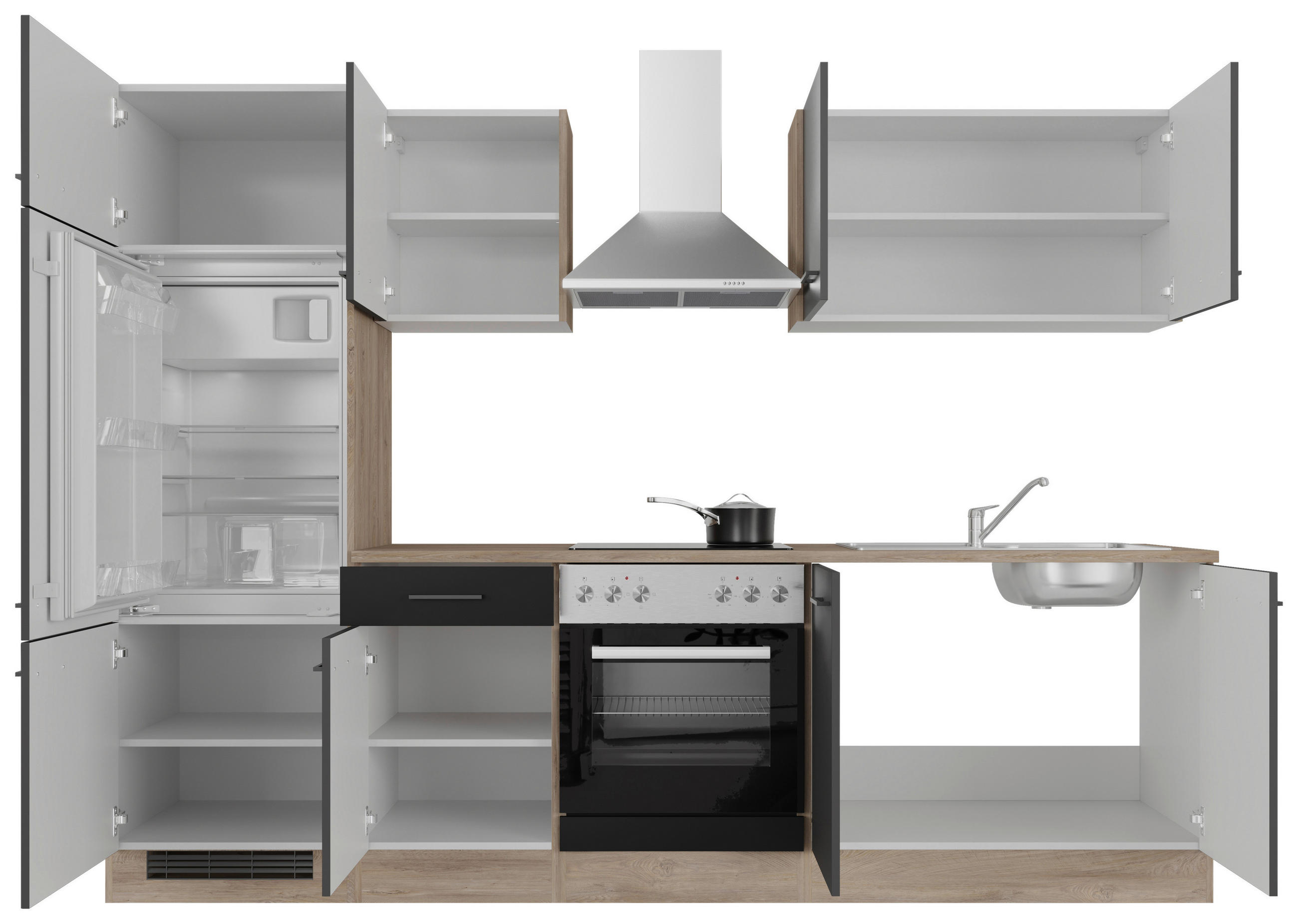 KÜCHENBLOCK 270 cm   in Schwarz, Eichefarben  - Eichefarben/Schwarz, MODERN, Holzwerkstoff/Metall (270cm) - FlexWell