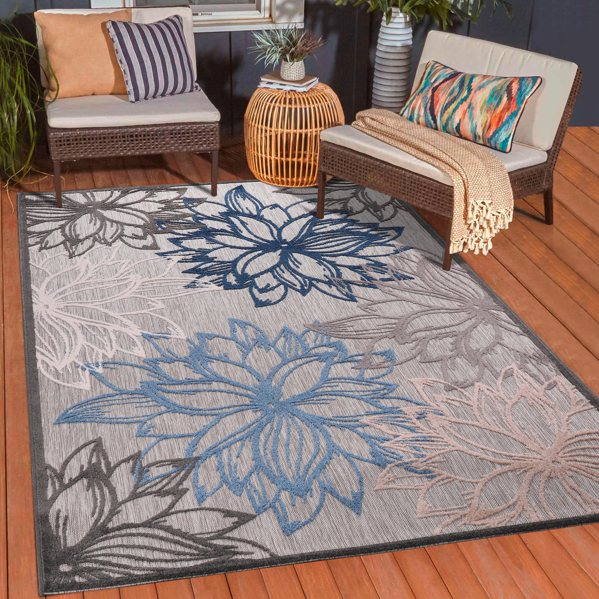 PREPROGA ZA ZUNANJO UPORABO  Floral     120/170 cm    tkano  modra, siva, bela  - modra/siva, Trendi, umetna masa/tekstil (120/170cm)