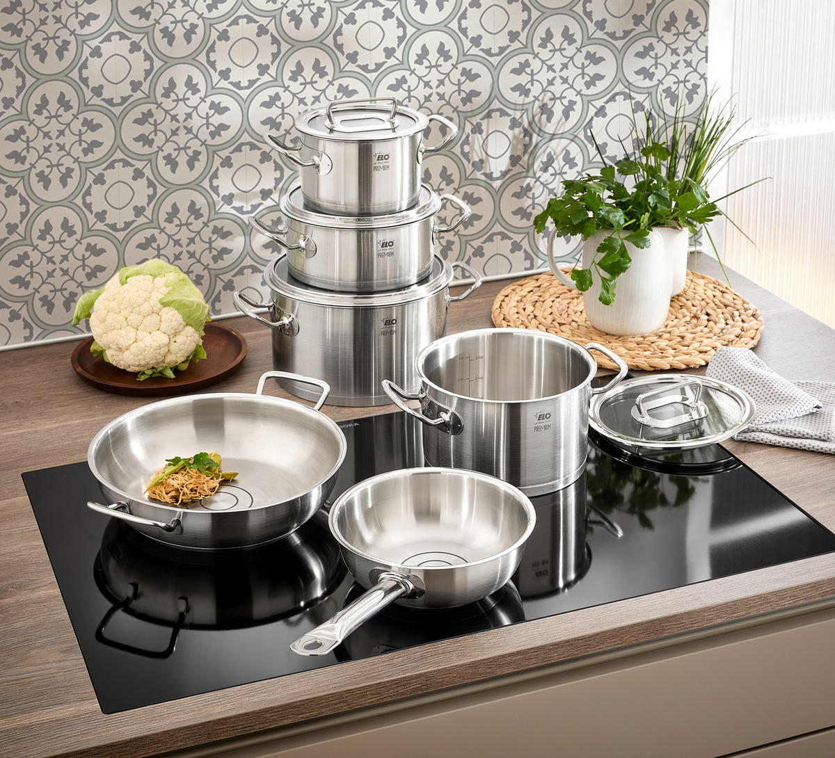 KOCHTOPFSET ELO Gourmet Plus 6-teilig  - Edelstahlfarben/Transparent, Design, Glas/Metall - ELO