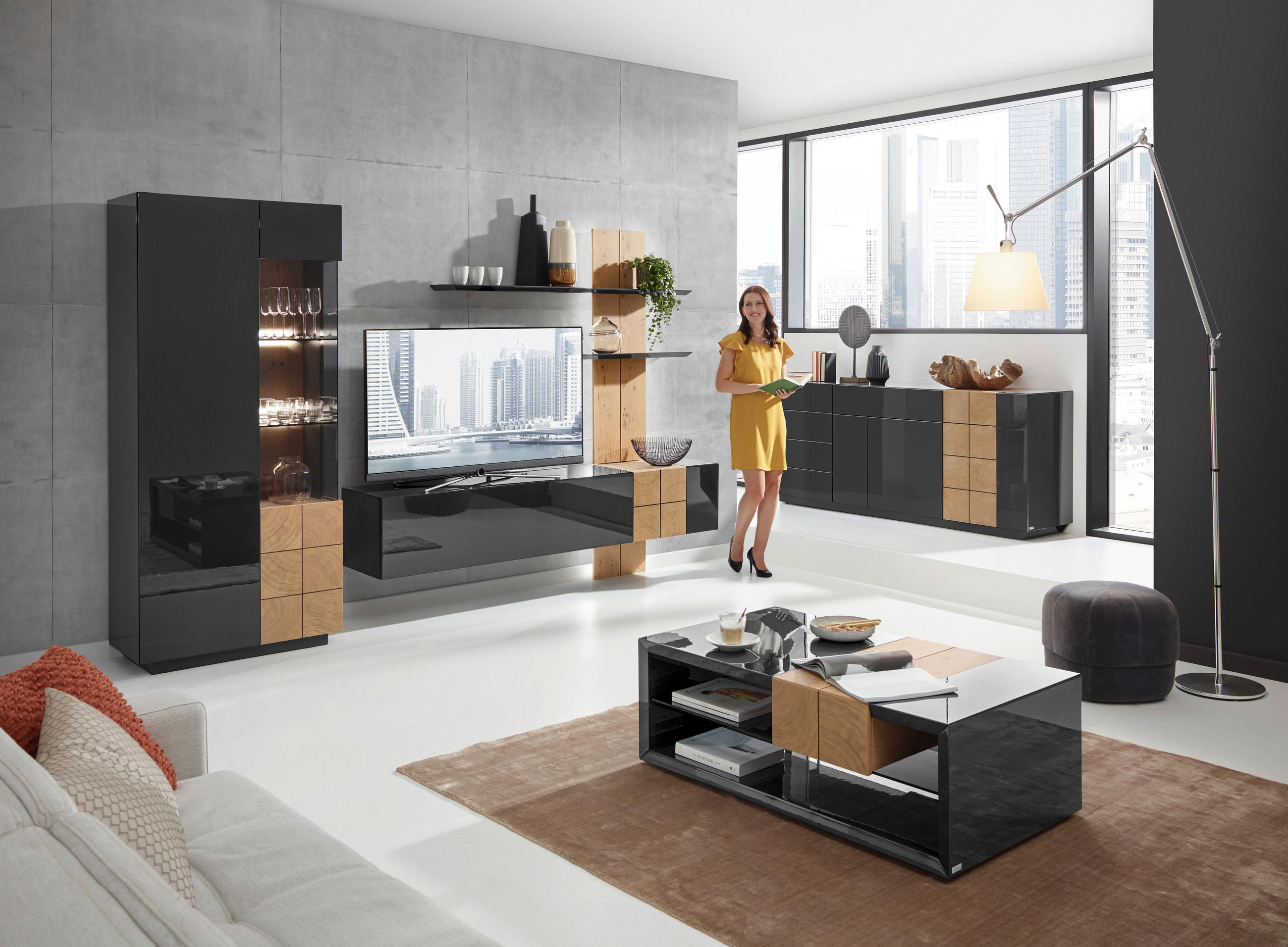 WOHNWAND 325/190/52 cm  in Eichefarben, Dunkelgrau  325/190/52 cm    - Eichefarben/Dunkelgrau, Design, Holz/Holzwerkstoff (325/190/52cm) - Ambiente