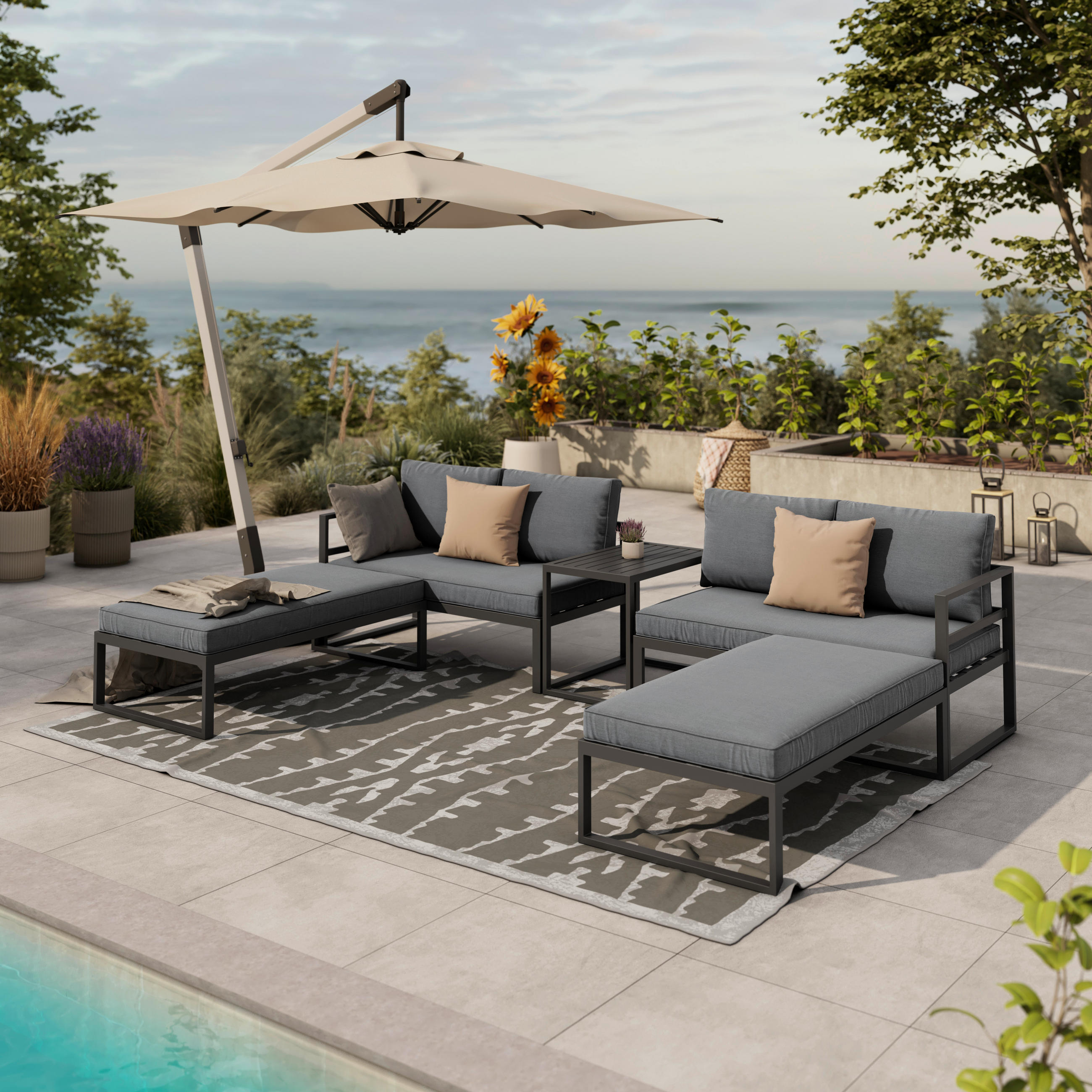 LOUNGE GARNITÚRA 5 részes  188/250 cm   - antracit/szürke, Design, textil/fém (188/250cm) - Ambia Garden