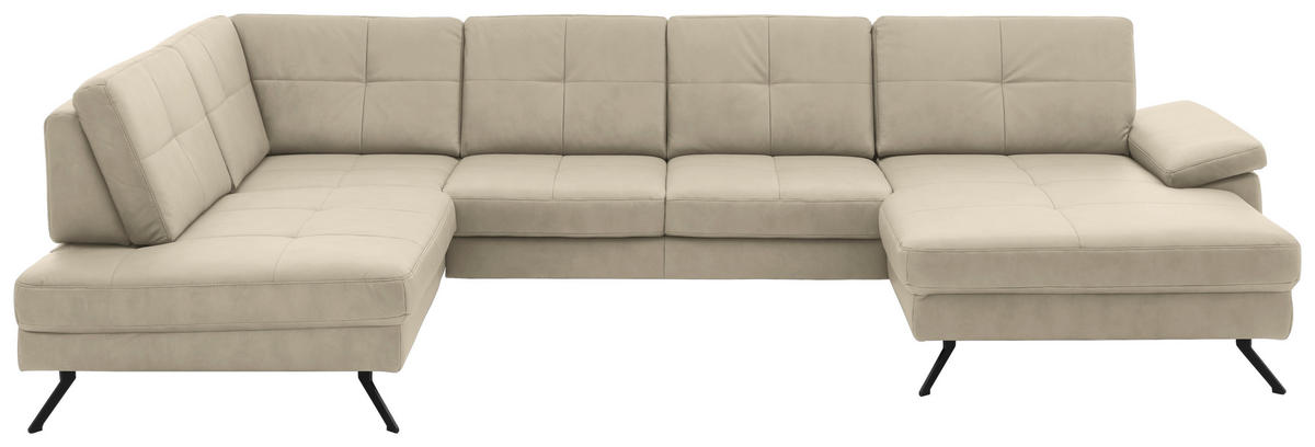 WOHNLANDSCHAFT Lederlook, Mikrofaser Beige  - Beige/Schwarz, Design, Textil/Metall (220/345/179cm) - Beldomo System