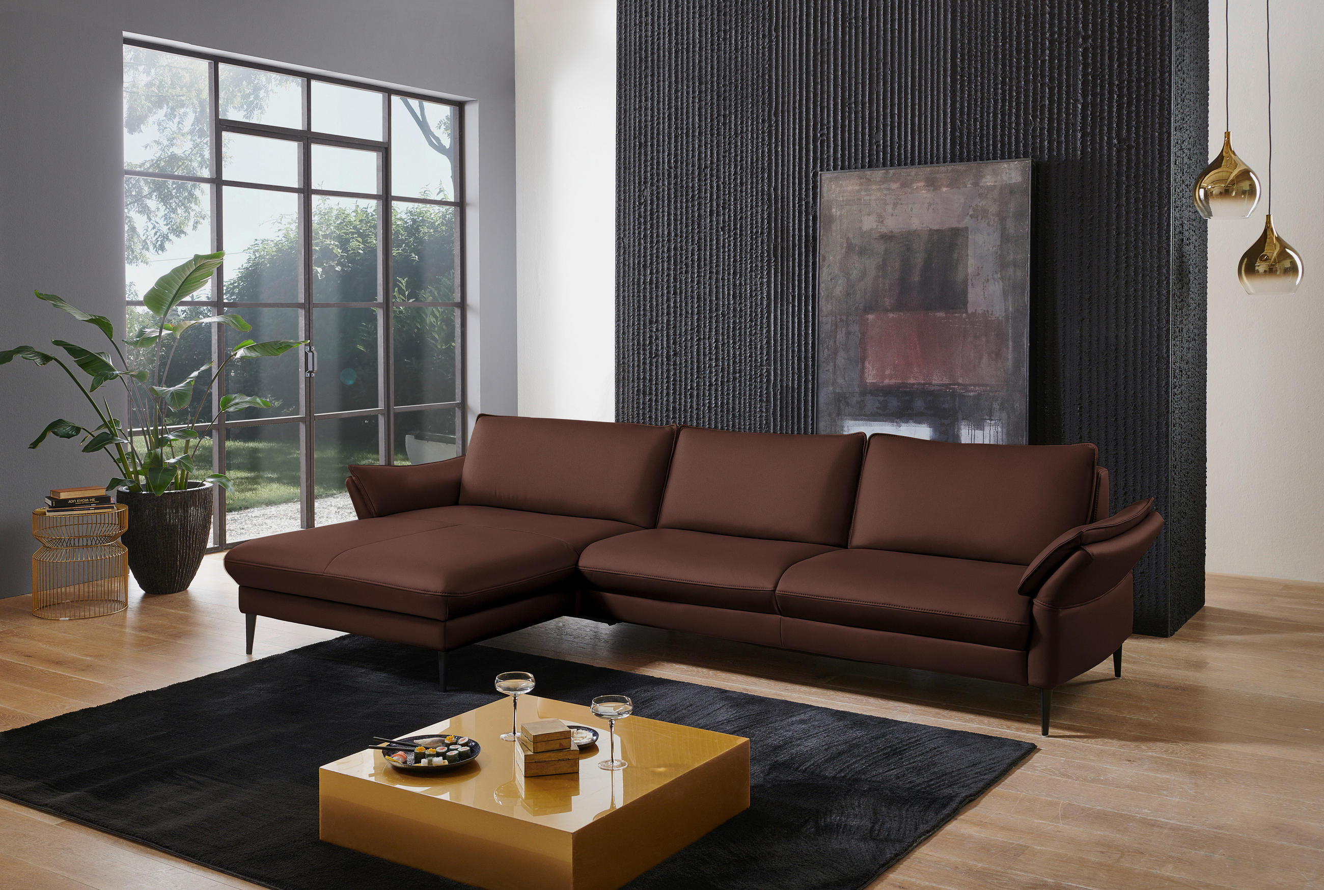 ECKSOFA in Echtleder Braun  - Schwarz/Braun, Design, Leder/Metall (172/334cm) - Valdera