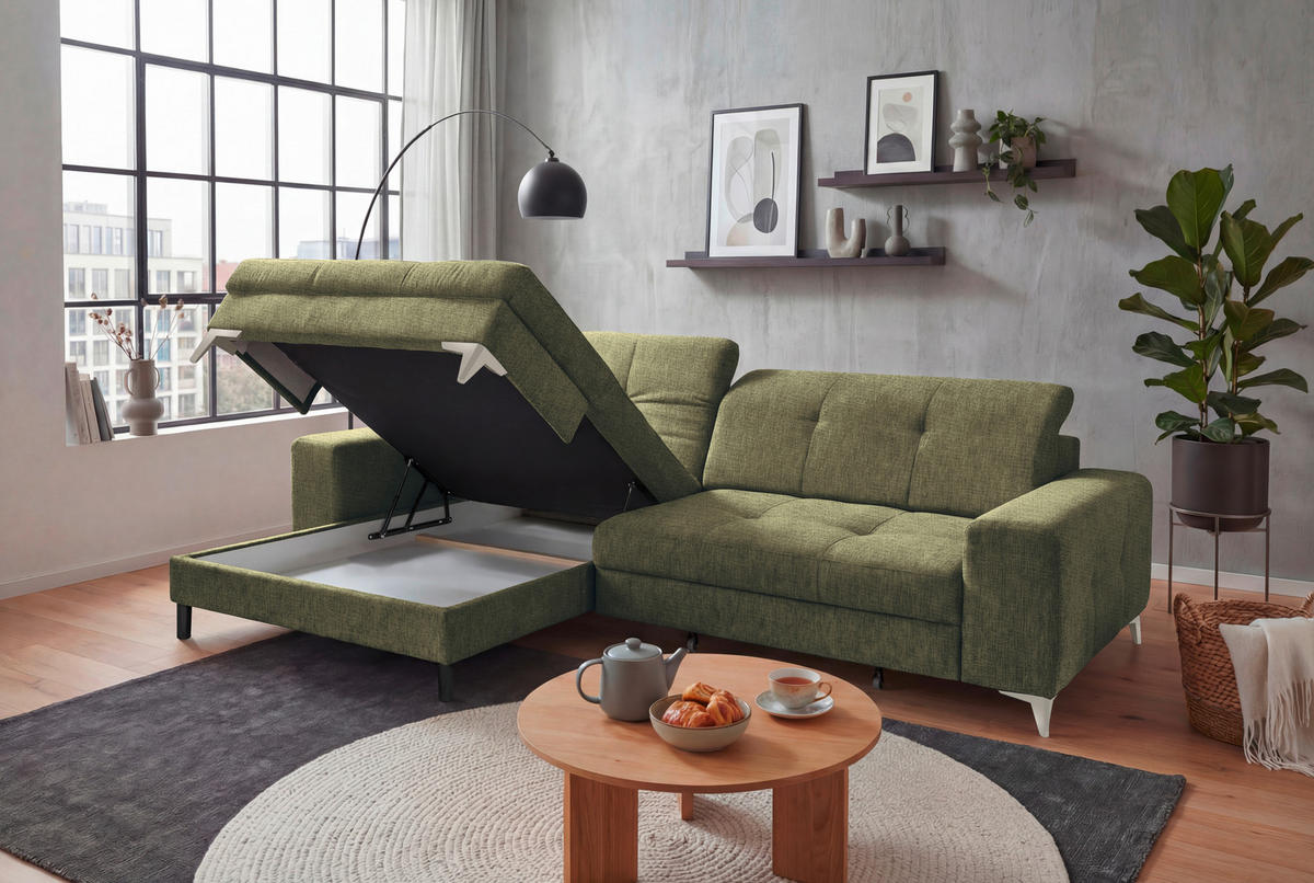 ECKSOFA SORELLA in Chenille Dunkelgrün Kopfteilverstellung, Sitztiefenverstellung  182/328 cm  - Kaschmir/Dunkelgrün, Design, Kunststoff/Textil (182/328cm) - MID.YOU