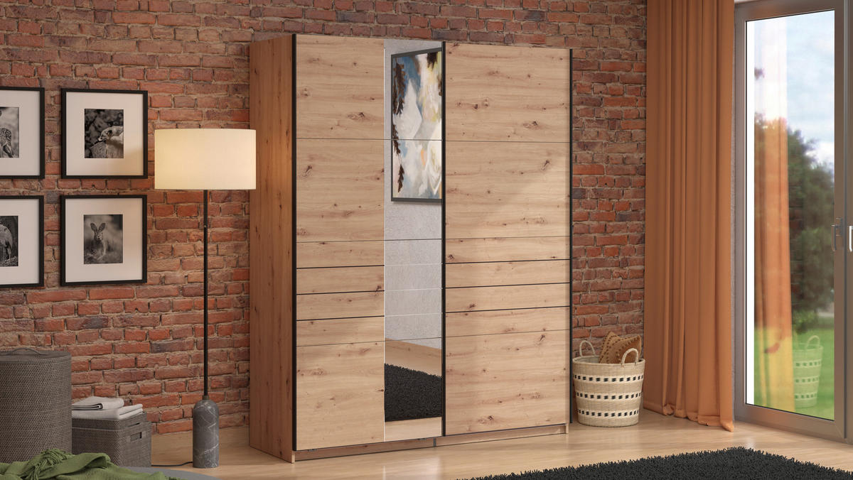 SCHWEBETÜRENSCHRANK 145,5/217,5/60 cm 2-türig Eiche Artisan  - Schwarz/Eiche Artisan, MODERN, Holzwerkstoff/Metall (145,5/217,5/60cm) - MID.YOU