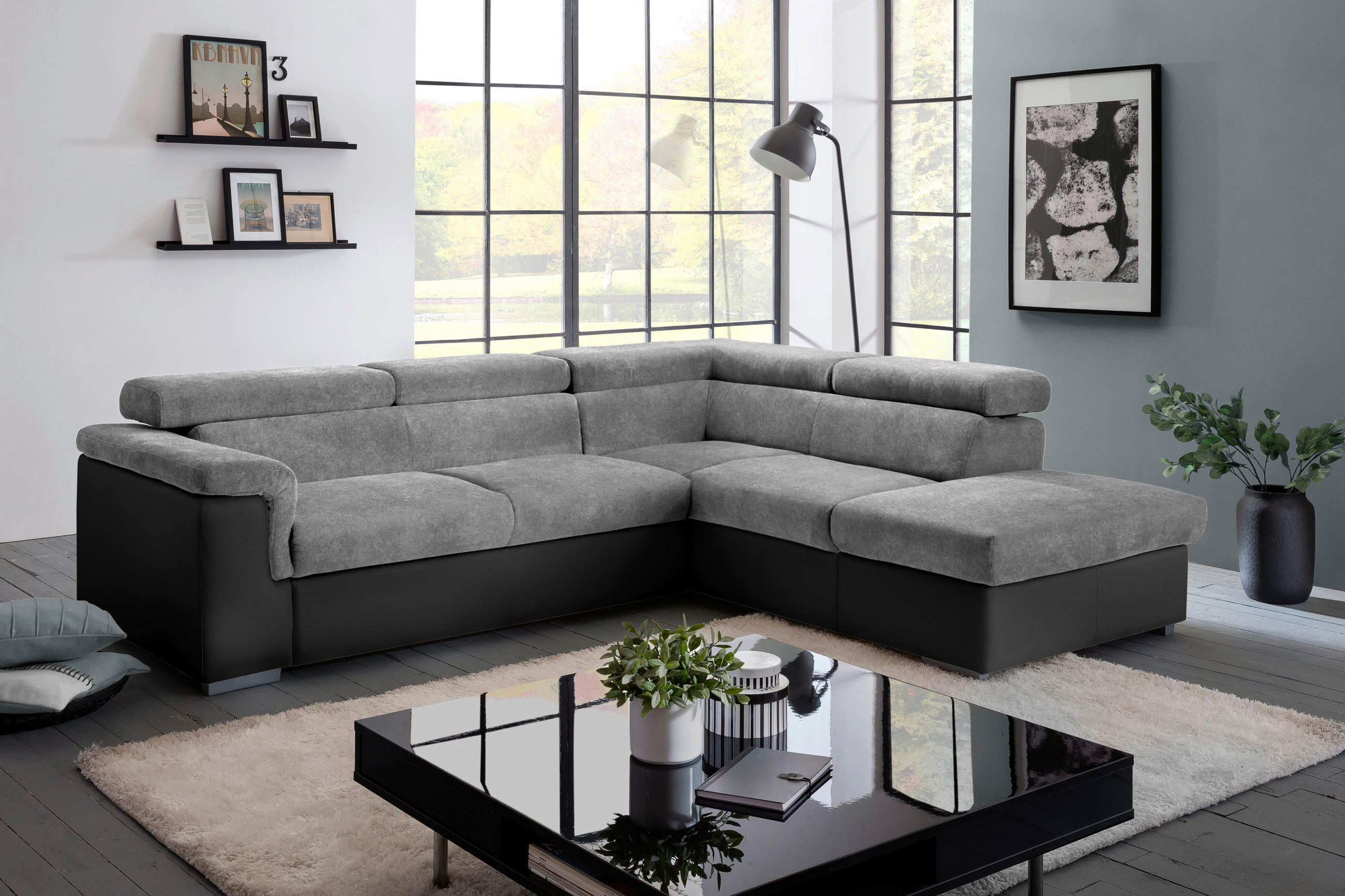 ECKSOFA Grau, Schwarz Lederlook, Flachgewebe  - Schwarz/Grau, Basics, Holz/Textil (252/217cm) - MID.YOU