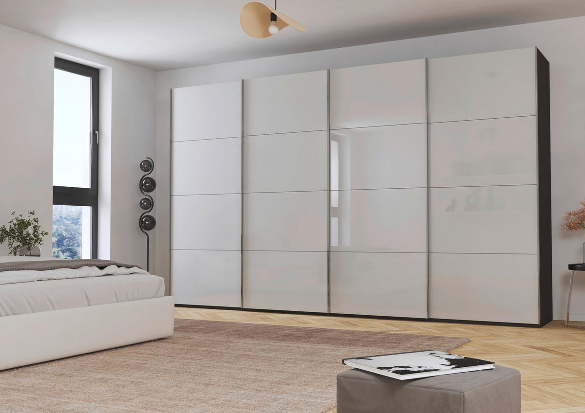 SCHWEBETÜRENSCHRANK 361/223/68 cm 4-türig Graphitfarben, Seidengrau  - Chromfarben/Seidengrau, Design, Glas/Holzwerkstoff (361/223/68cm) - Novel