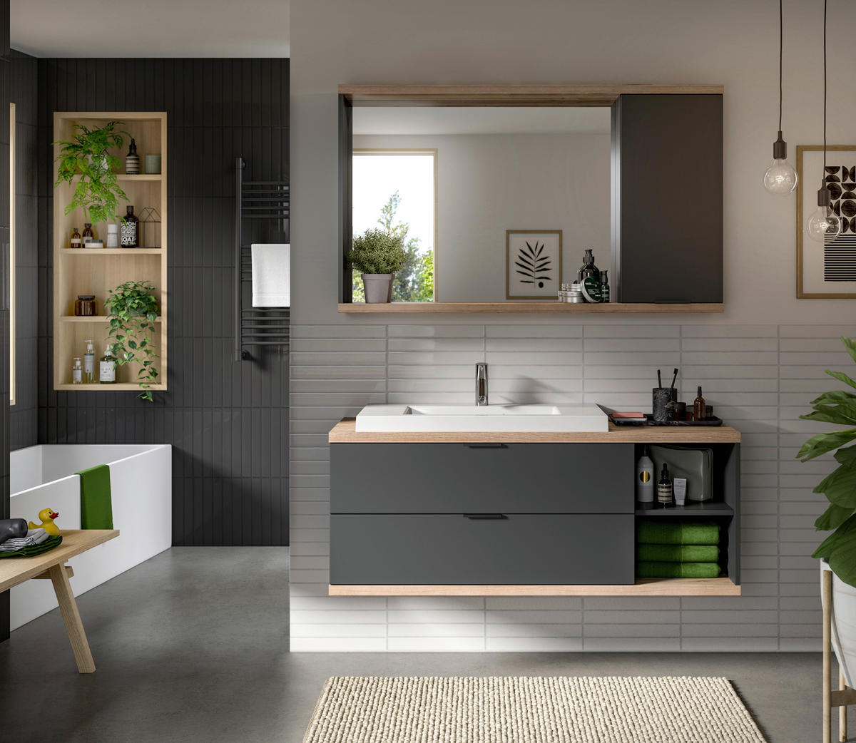 BADEZIMMER 3-teilig  in 130 cm  - Anthrazit/Schwarz, Basics, Glas/Holzwerkstoff (130cm) - MID.YOU