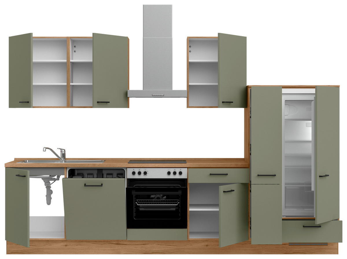 KÜCHENLEERBLOCK Senso 330 cm  in Eichefarben, Olivgrün  - Eichefarben/Schwarz, MODERN, Holzwerkstoff/Metall (330cm) - Nobilia