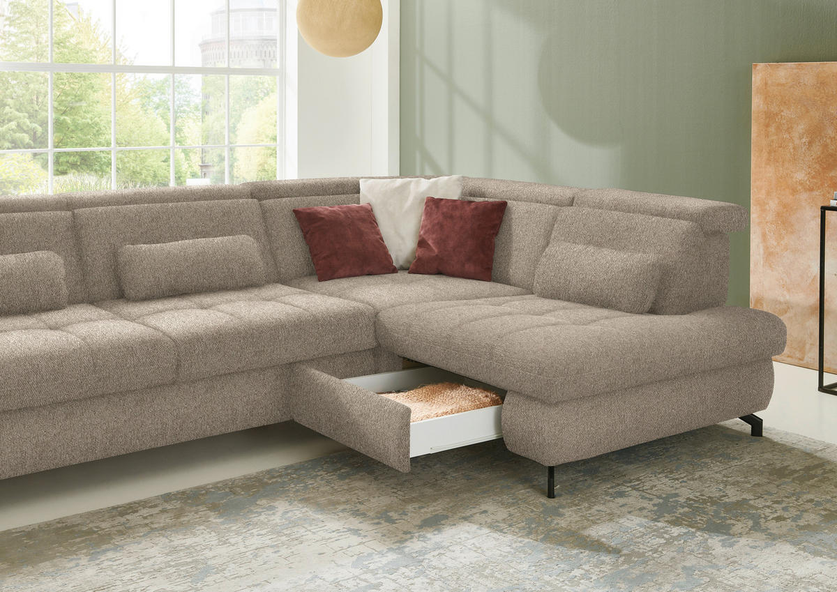 ECKSOFA in Chenille Hellbraun  - Hellbraun/Schwarz, Design, Textil/Metall (310/220cm) - Beldomo Style