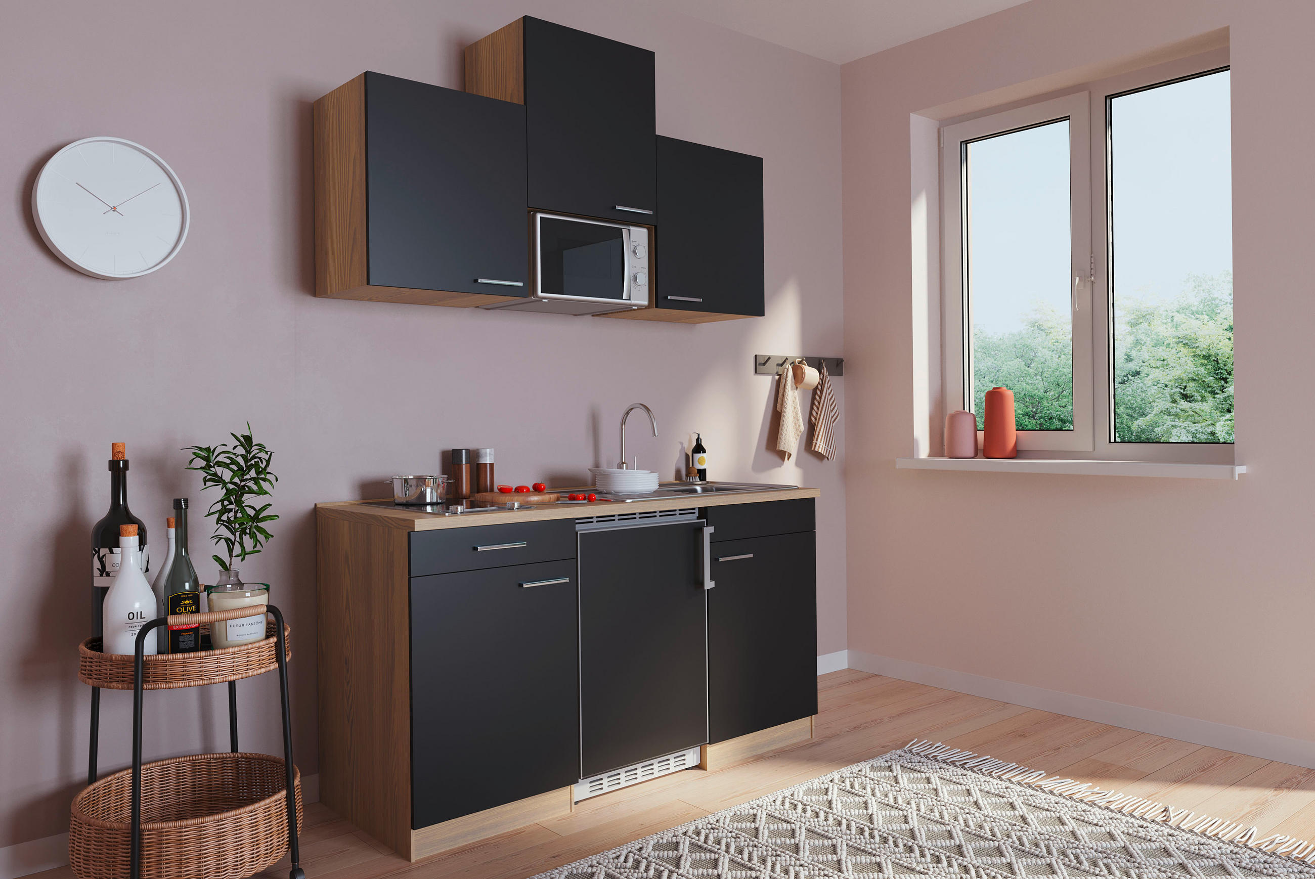 MINIKÖK 150 cm   i svart, ekfärgad  - svart/ekfärgad, Basics, trämaterial (150cm) - Respekta