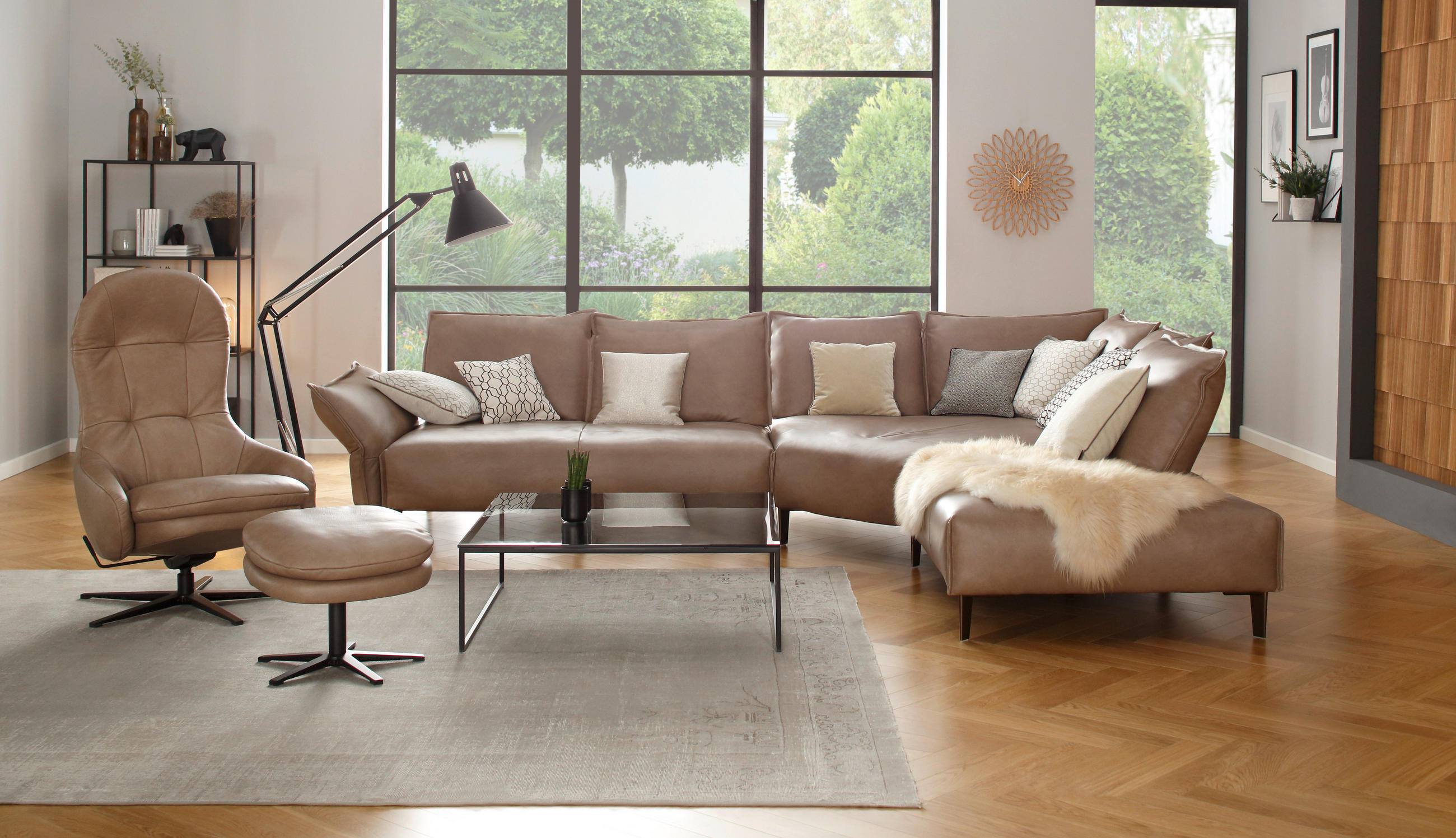 ECKSOFA Sandfarben Echtleder  - Sandfarben/Schwarz, Design, Leder/Metall (272/340cm) - Chilliano