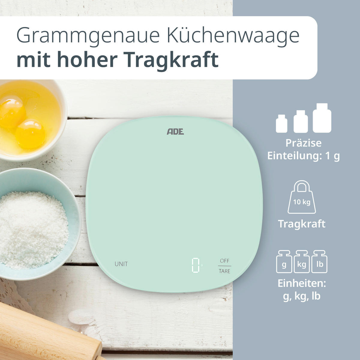 ELEKTRISCHE KÜCHENWAAGE - Mintgrün, Basics, Kunststoff (18/18/1,9cm) - ADE