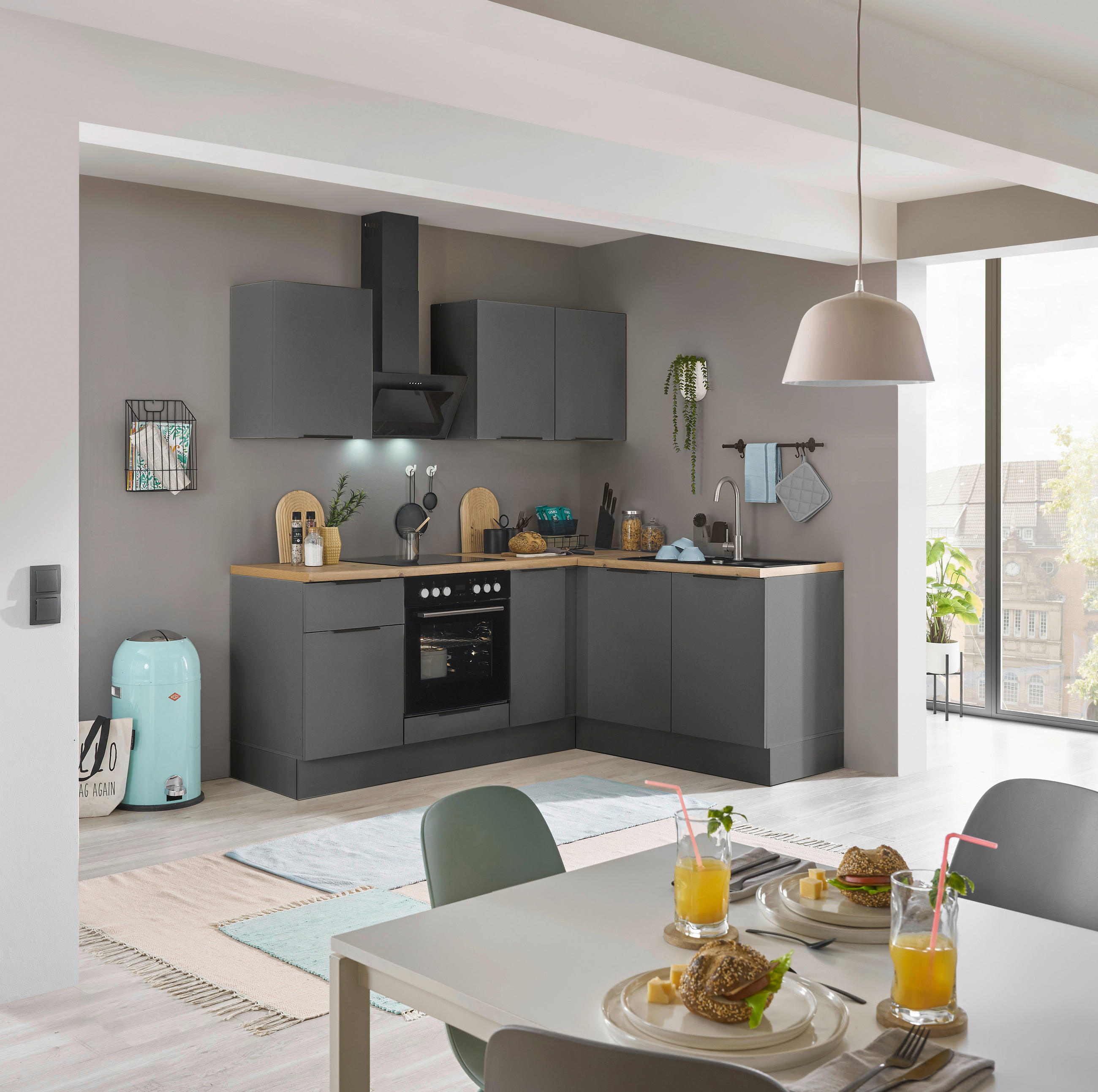 ECKKÜCHE 210/165 cm  in Graphitfarben  - Schwarz/Graphitfarben, Basics, Holzwerkstoff/Metall (210/165cm) - Carryhome