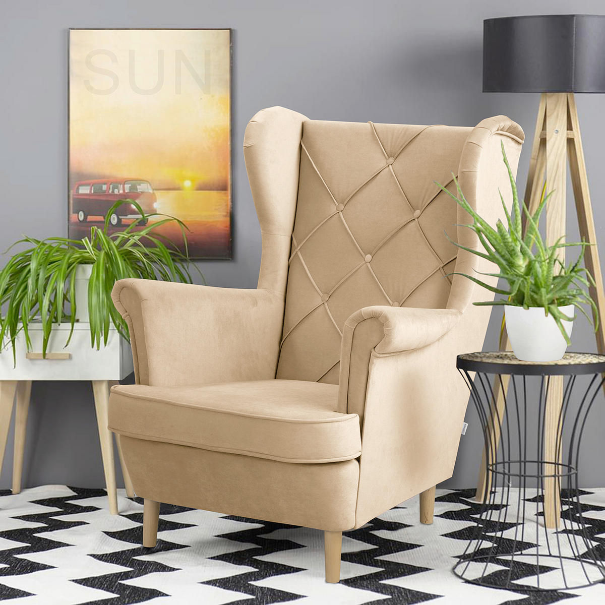 OHRENSESSEL in Samt Beige  - Beige, Design, Holz/Textil (84/105/90cm) - P & B