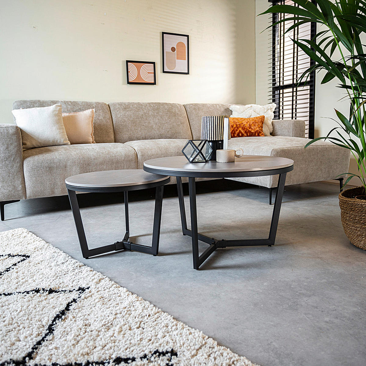 COUCHTISCH 68,5/68,5/43 cm rund Dunkelgrau  - Dunkelgrau/Schwarz, KONVENTIONELL, Stein/Metall (68,5/68,5/43cm) - MID.YOU