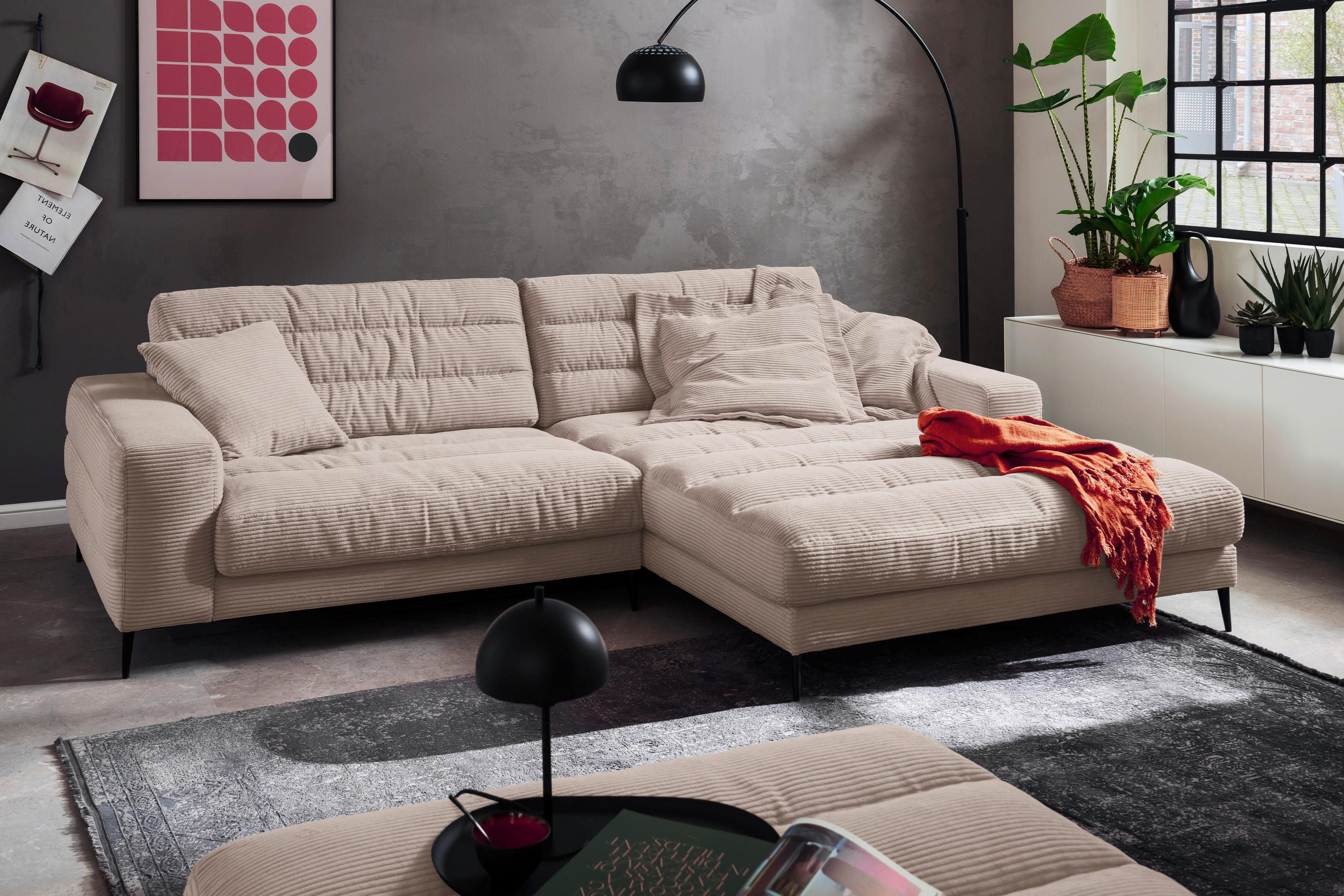 ECKSOFA Badia Taupe Cord  - Taupe/Schwarz, Design, Textil/Metall (296/207cm) - Dieter Knoll