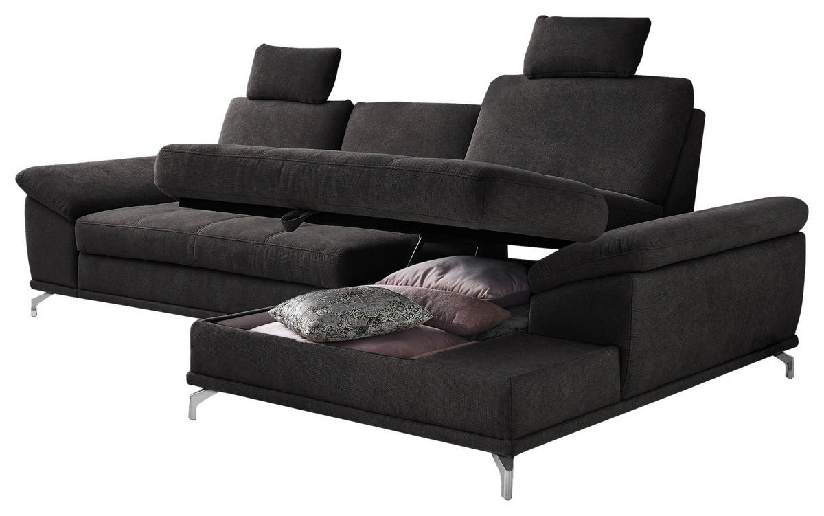 ECKSOFA Flachgewebe Schwarz  - Silberfarben/Schwarz, Konventionell, Textil/Metall (301/176cm) - Sit & More