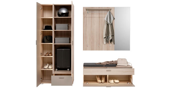 GARDEROBE 3-teilig in 198/194/38 cm - Eiche Bianco/Grau, Design, Glas/Holzwerkstoff (198/194/38cm) - Voleo