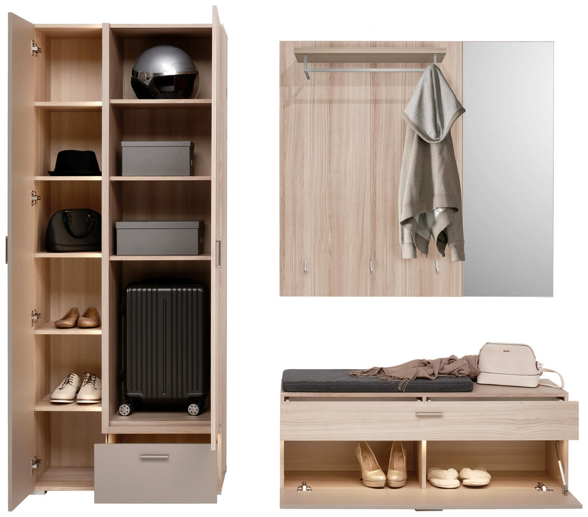 GARDEROBE 3-teilig  in 198/194/38 cm  - Eiche Bianco/Grau, Design, Glas/Holzwerkstoff (198/194/38cm) - Voleo