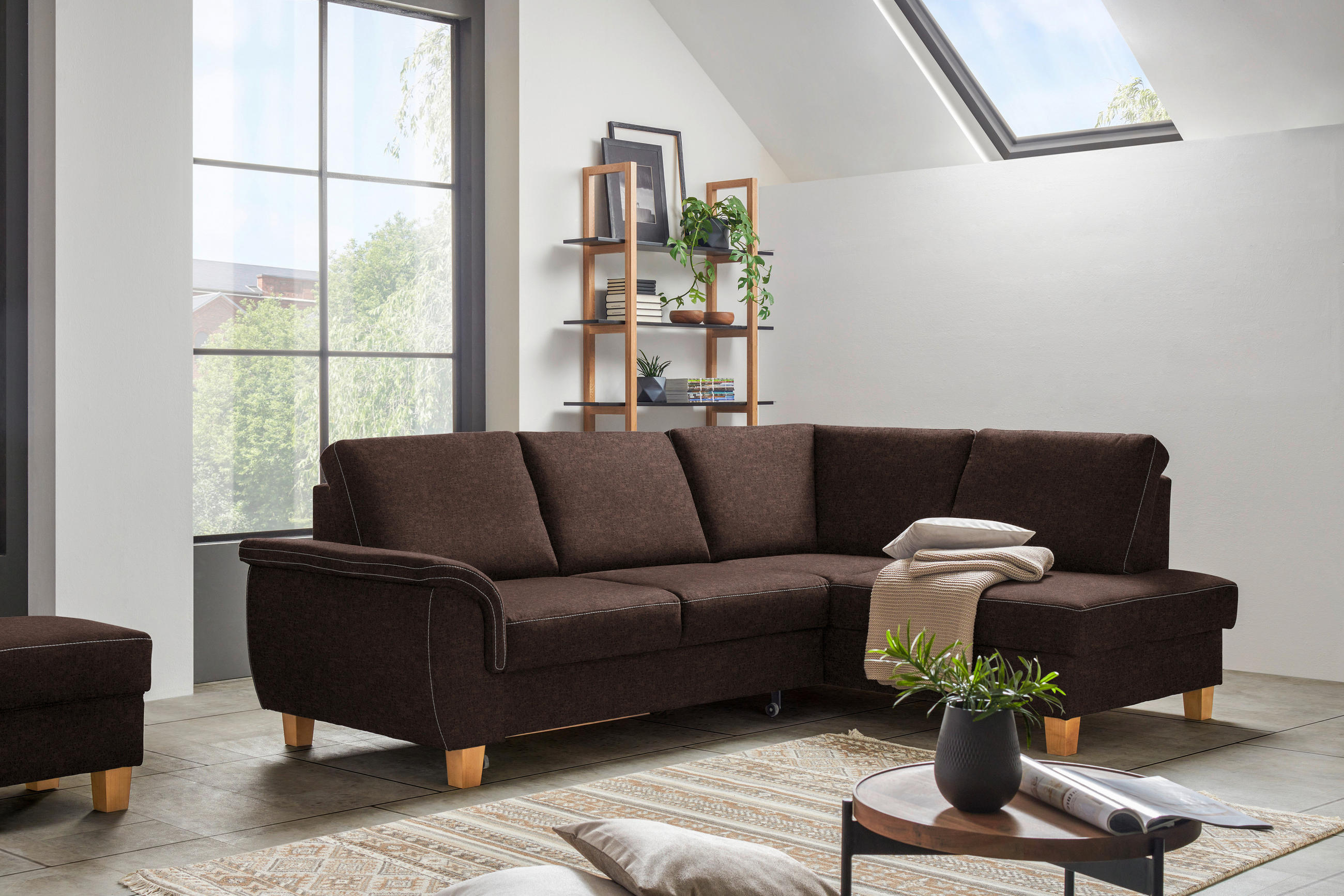 ECKSOFA in Flachgewebe Braun  - Eichefarben/Braun, Design, Holz/Textil (253/185cm) - Cantus