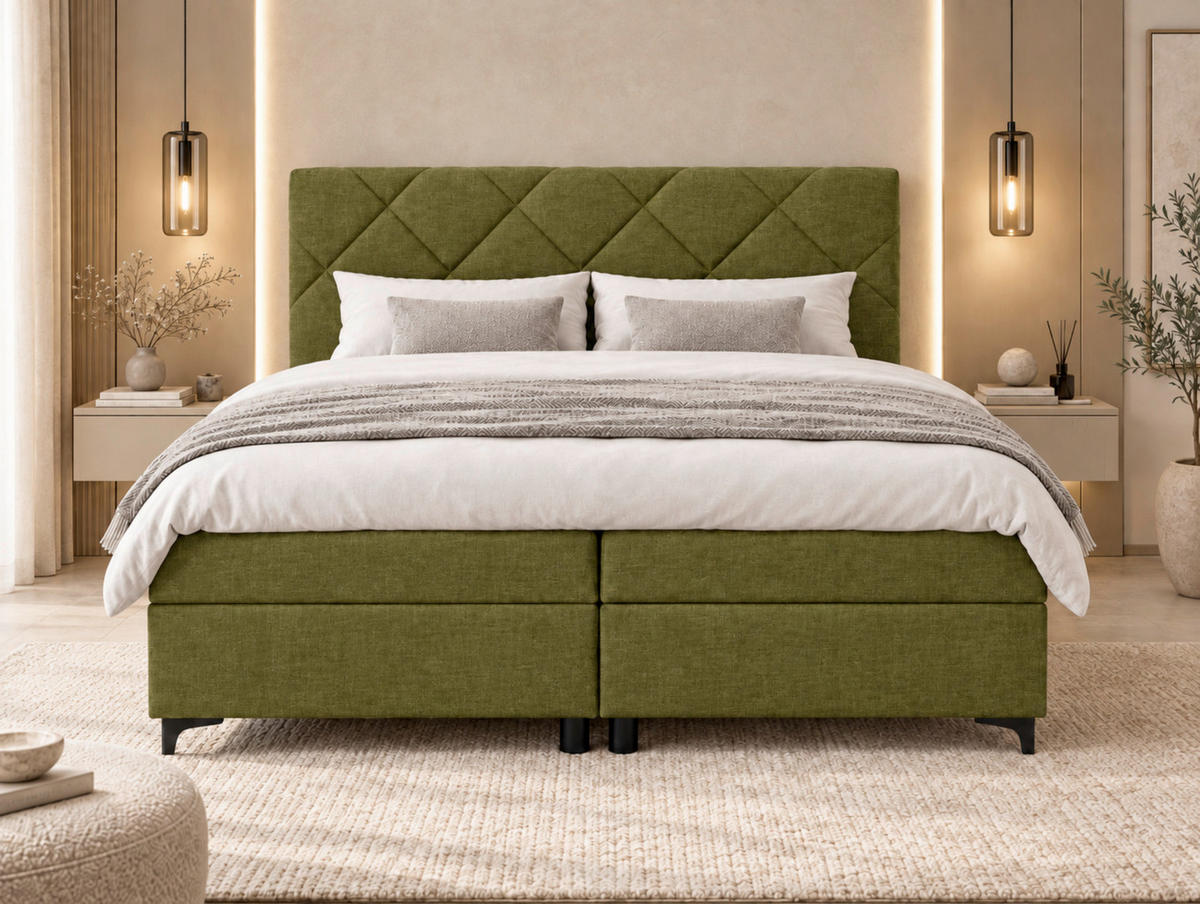 BOXBETT 180/200 cm,  in Grün, Bettkasten, Topper, H3 + H3 = fest  - Schwarz/Grün, MODERN, Holz/Textil (180/200cm) - MID.YOU