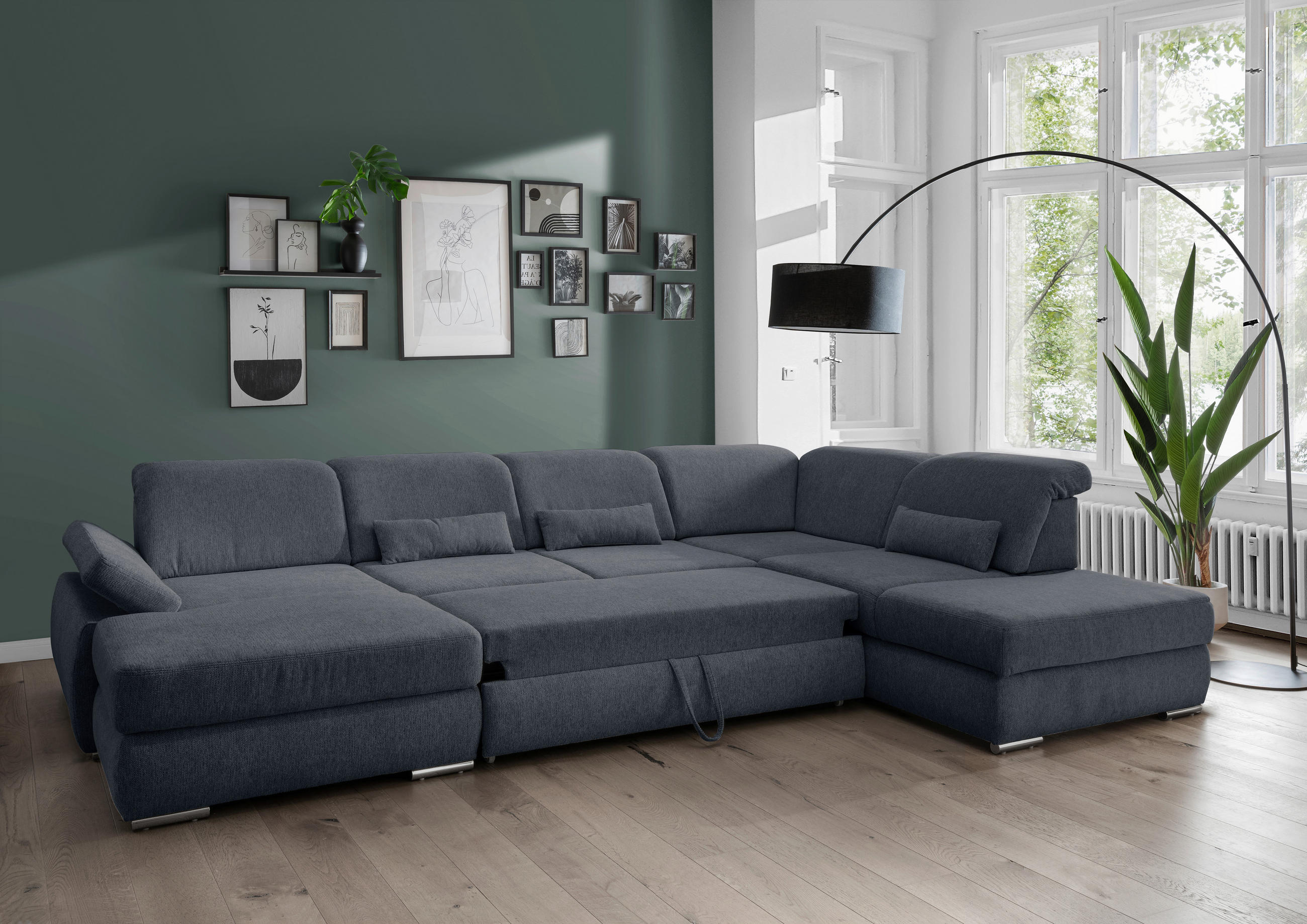 WOHNLANDSCHAFT Anthrazit Chenille  - Chromfarben/Blau, MODERN, Holz/Textil (186/375/250cm) - Livetastic