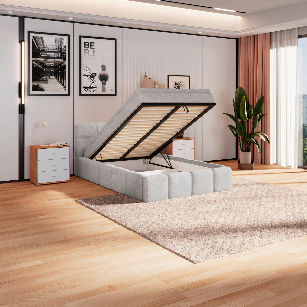 POLSTERBETT 120/200 cm,  in Hellgrau, Matratze, Bettkasten, H3 = fest  - Hellgrau/Schwarz, Trend, Kunststoff/Textil (120/200cm)